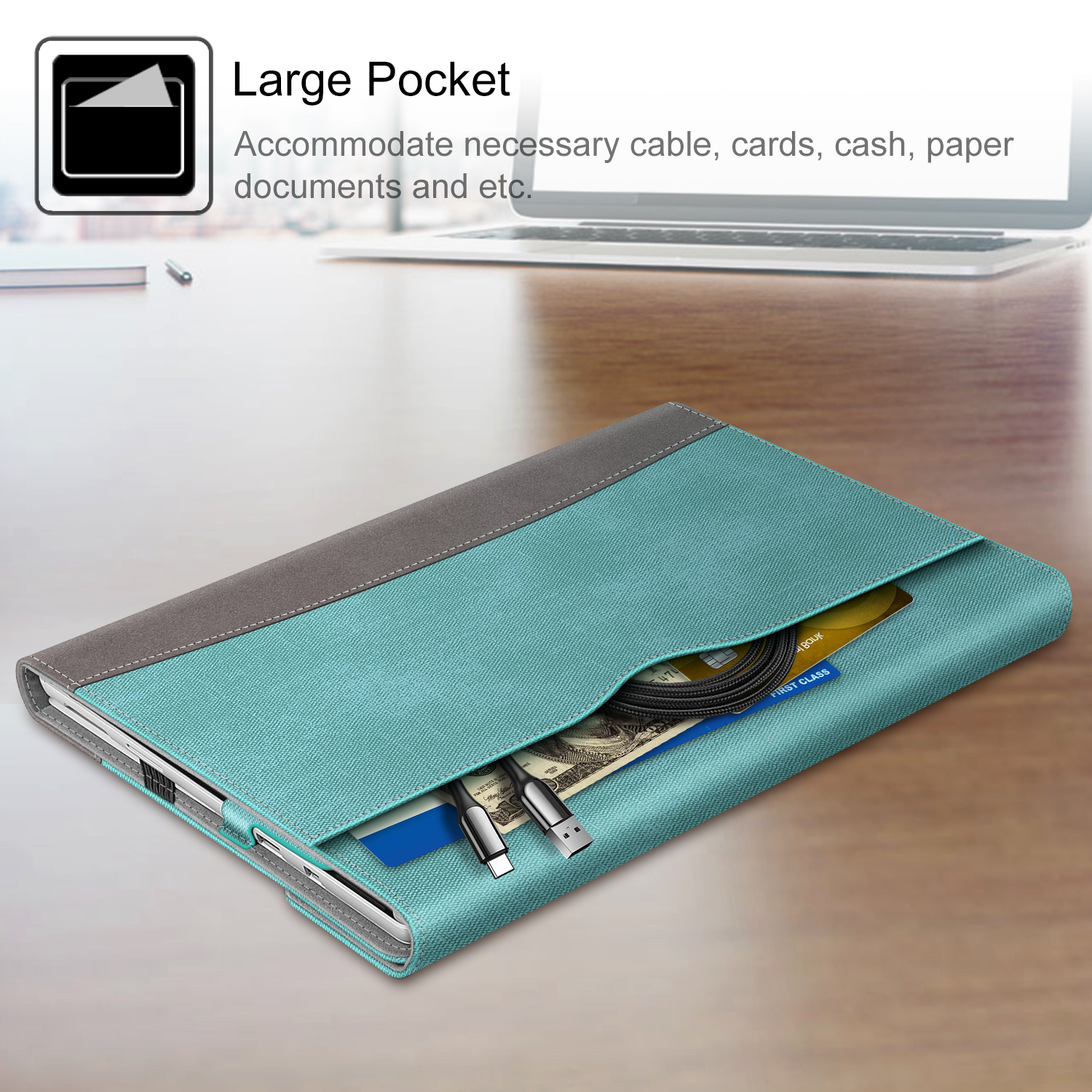 Eine offene türkisfarbene Laptoptasche mit Laptop. Kabel und Karten sichtbar.