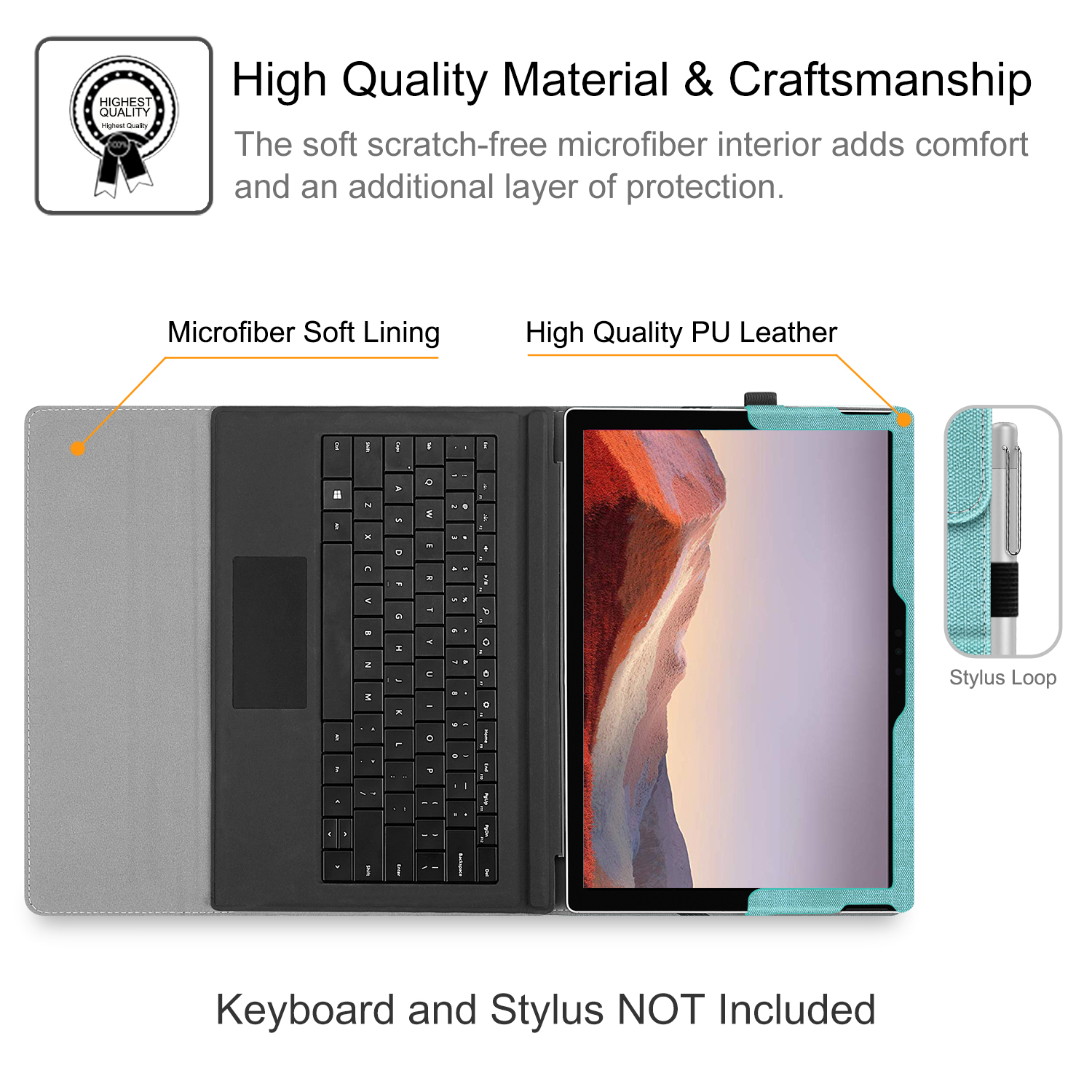 Geöffnete Tablethülle mit Tastatur innen. Text hebt 'Weiches Futter' und 'Hochwertiges Leder' hervor.