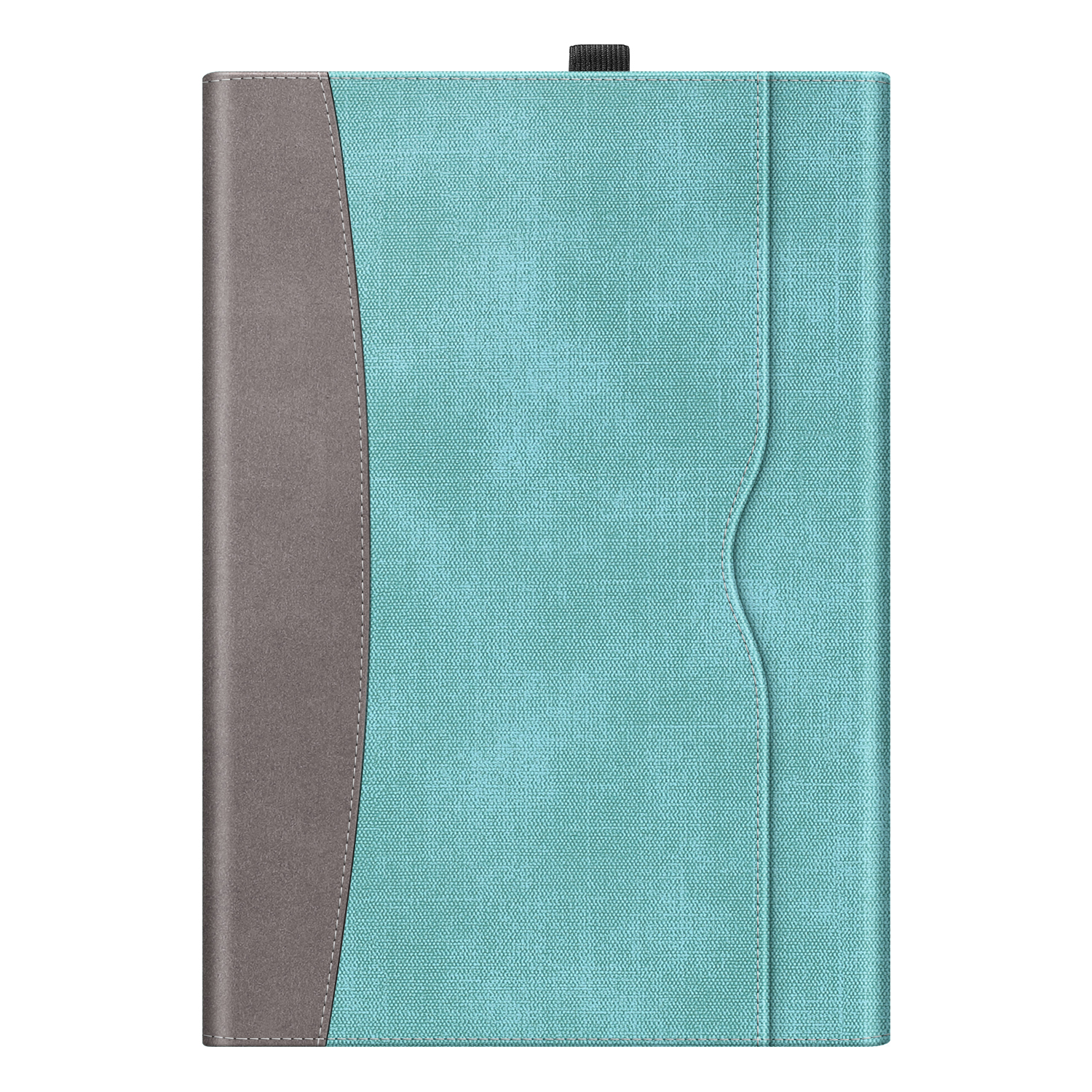 Blau-graue Tablet-Hülle. Die Hülle ist geschlossen und hat eine Tasche vorne.
