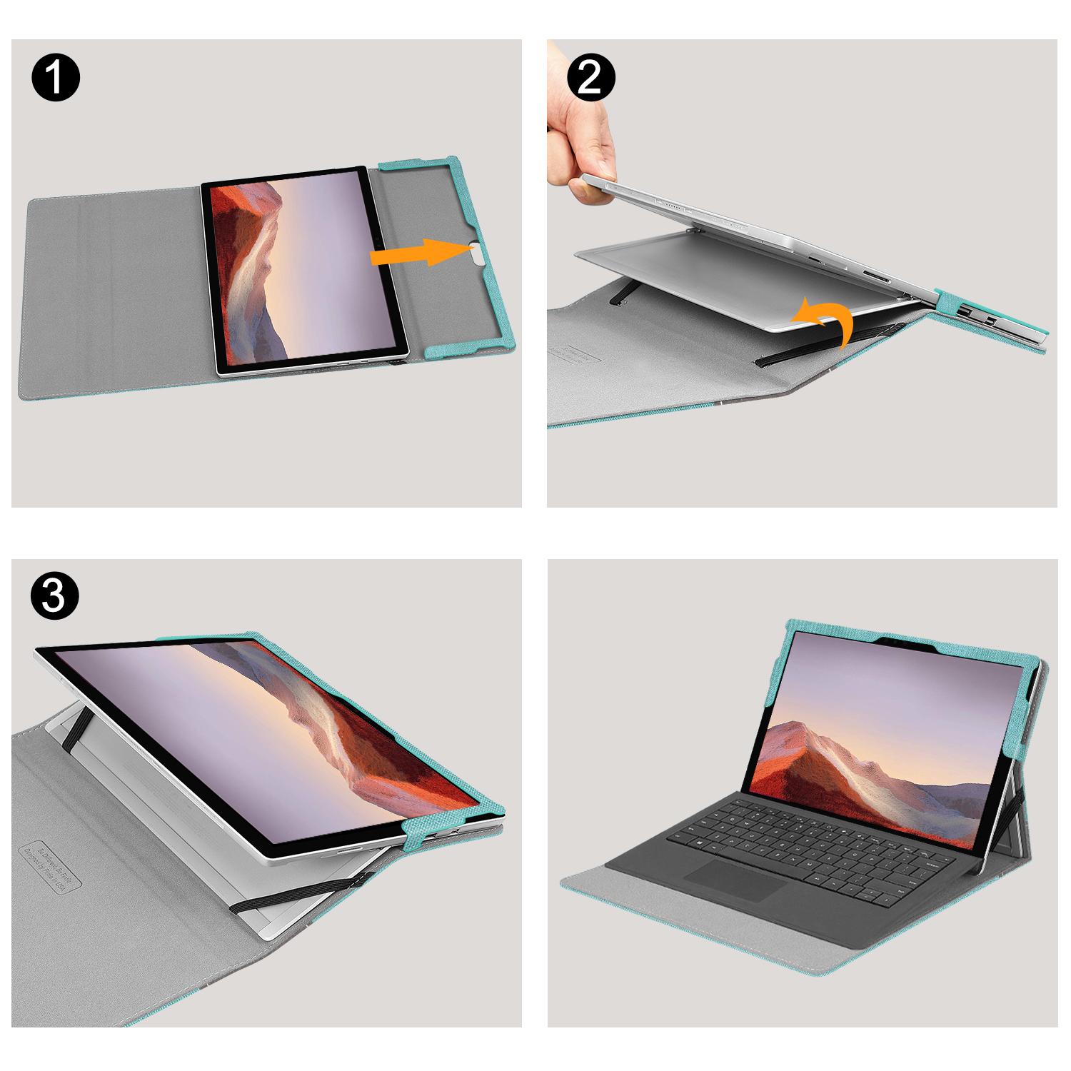 Bildfolge, die zeigt, wie ein Tablet in eine Hülle mit Tastatur eingesetzt wird.