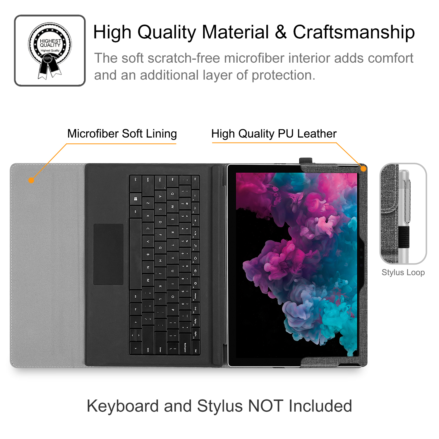 Schwarze Tastatur und Tablethülle geöffnet. Merkmale Mikrofaserfutter und hochwertiges PU-Leder.