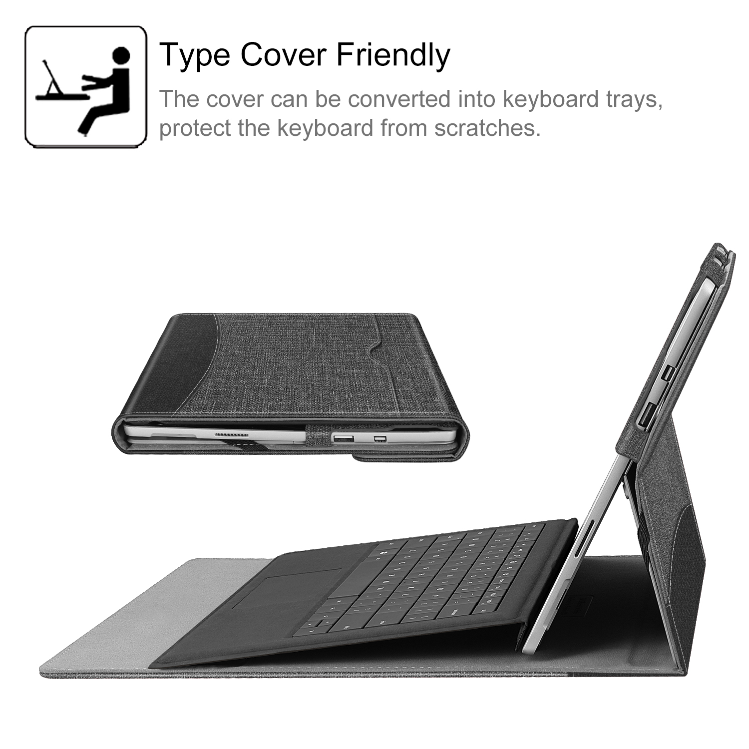 Laptop in einer Hülle. Die Hülle kann in Tastaturablagen umgewandelt werden. Text: Type Cover Friendly.