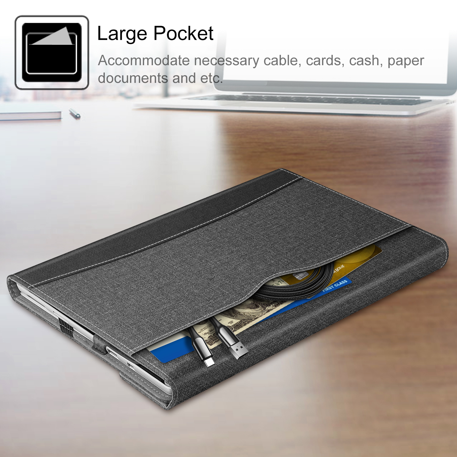 Grauer Koffer geöffnet. Laptop und Kabel innen. Text: Benötigte Kabel, Karten, Bargeld verstauen.