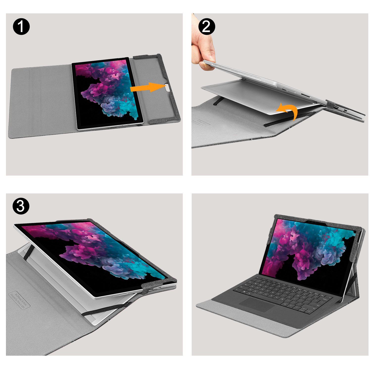 Eine Schrittfolge, die zeigt, wie ein Tablet in ein Gehäuse gelegt und dann als Laptop eingerichtet wird.