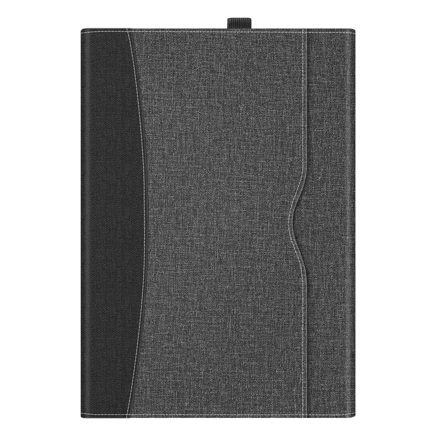 Graue Stoff-Tablettasche. Schwarzer Lederwirbel. Weiße Nähte. Vertikale Tasche auf der rechten Seite.