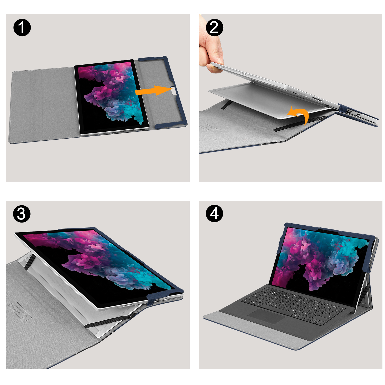 Vier Bilder, die zeigen, wie ein Tablet in ein Gehäuse gelegt und dann mit einer Tastatur verwendet wird.
