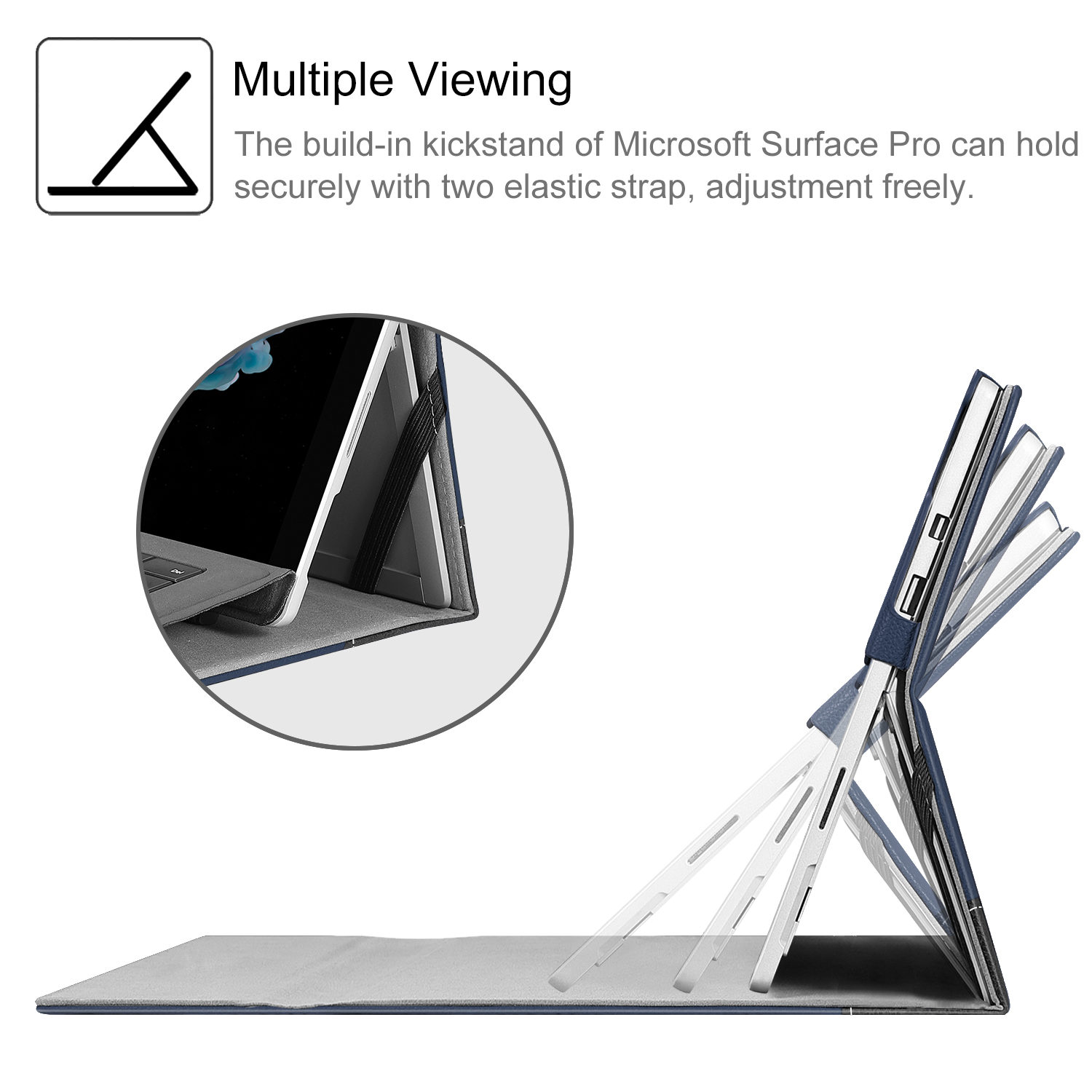 Microsoft Surface Pro Ständer mit mehreren Betrachtungswinkeln. Weißer Hintergrund.