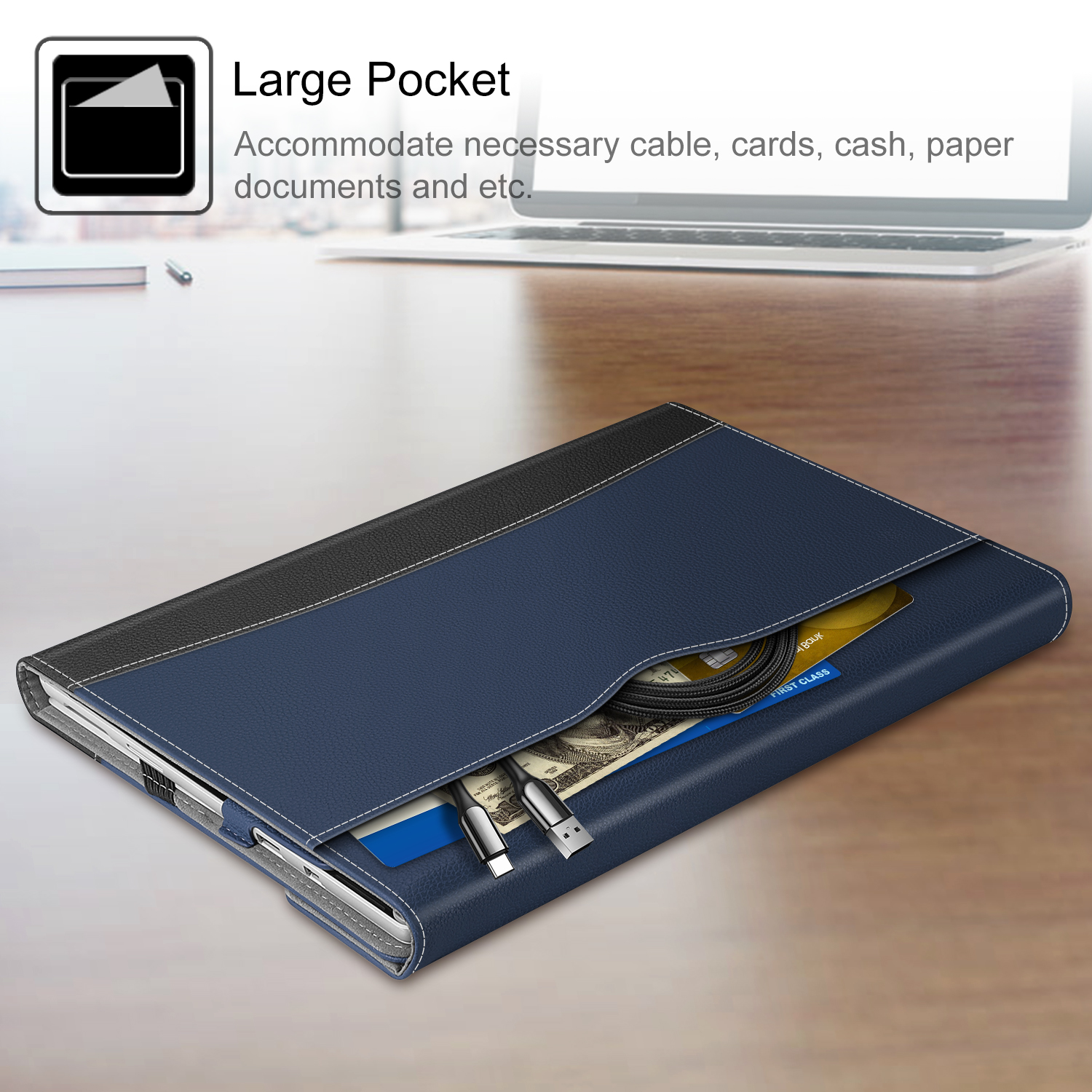 Blaue Ledertasche mit Laptop und Kabeln. Weißer Hintergrund. Text: Große Tasche. Karten, Bargeld usw.