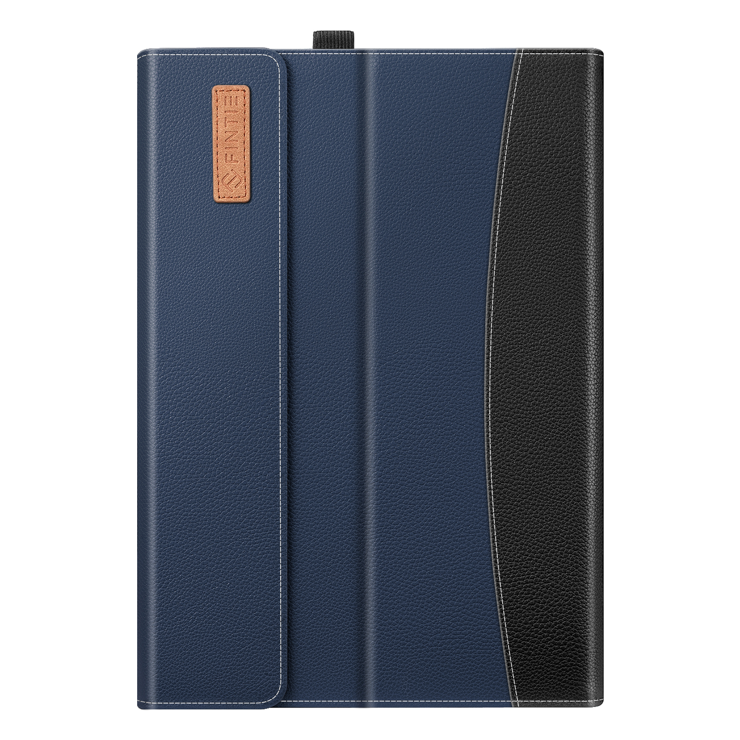 Blaue und schwarze Tablet-Hülle. Die Hülle hat eine Lederstruktur und einen Magnetverschluss.