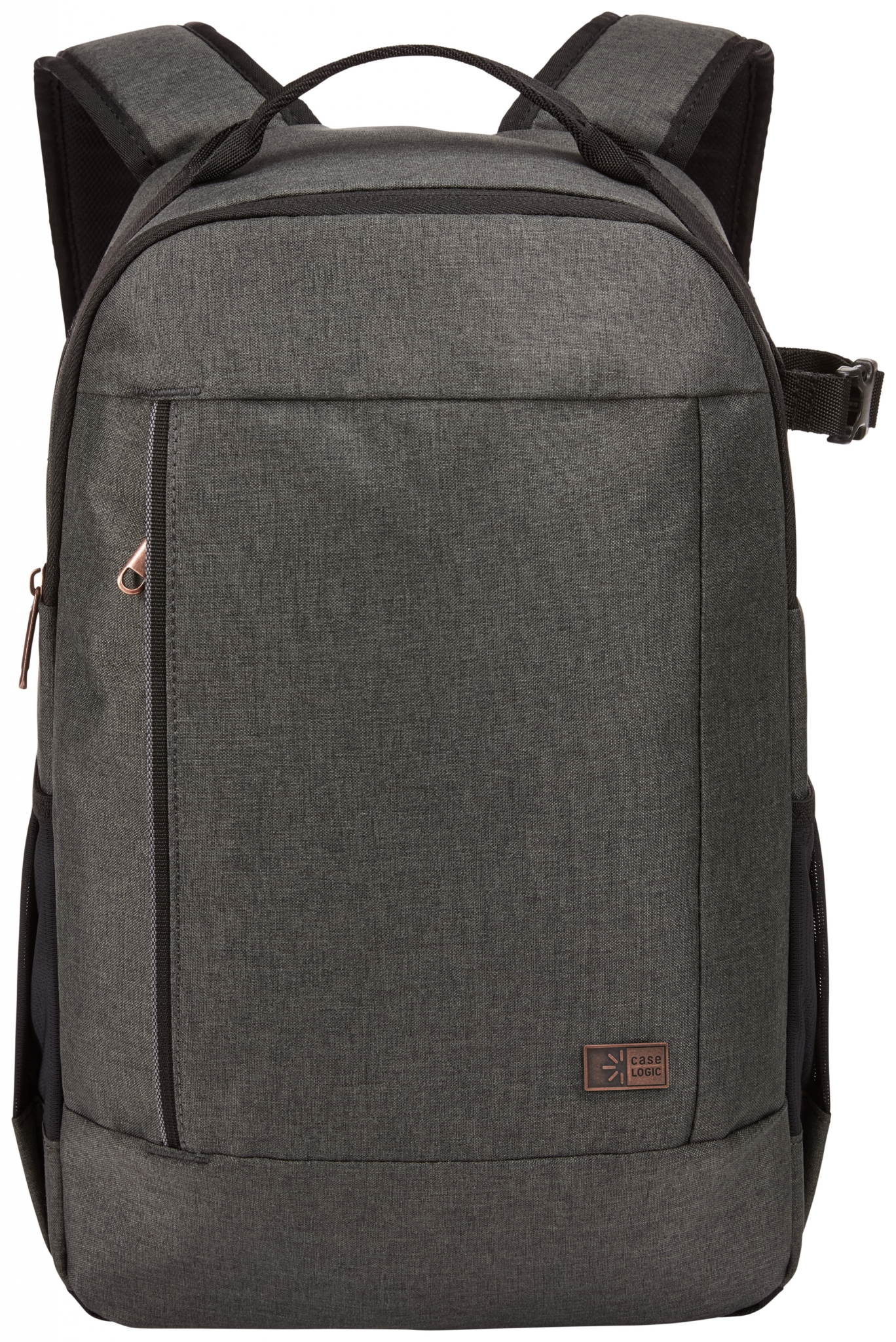 Zaino grigio con cinghie nere, una tasca frontale e un logo Case Logic.