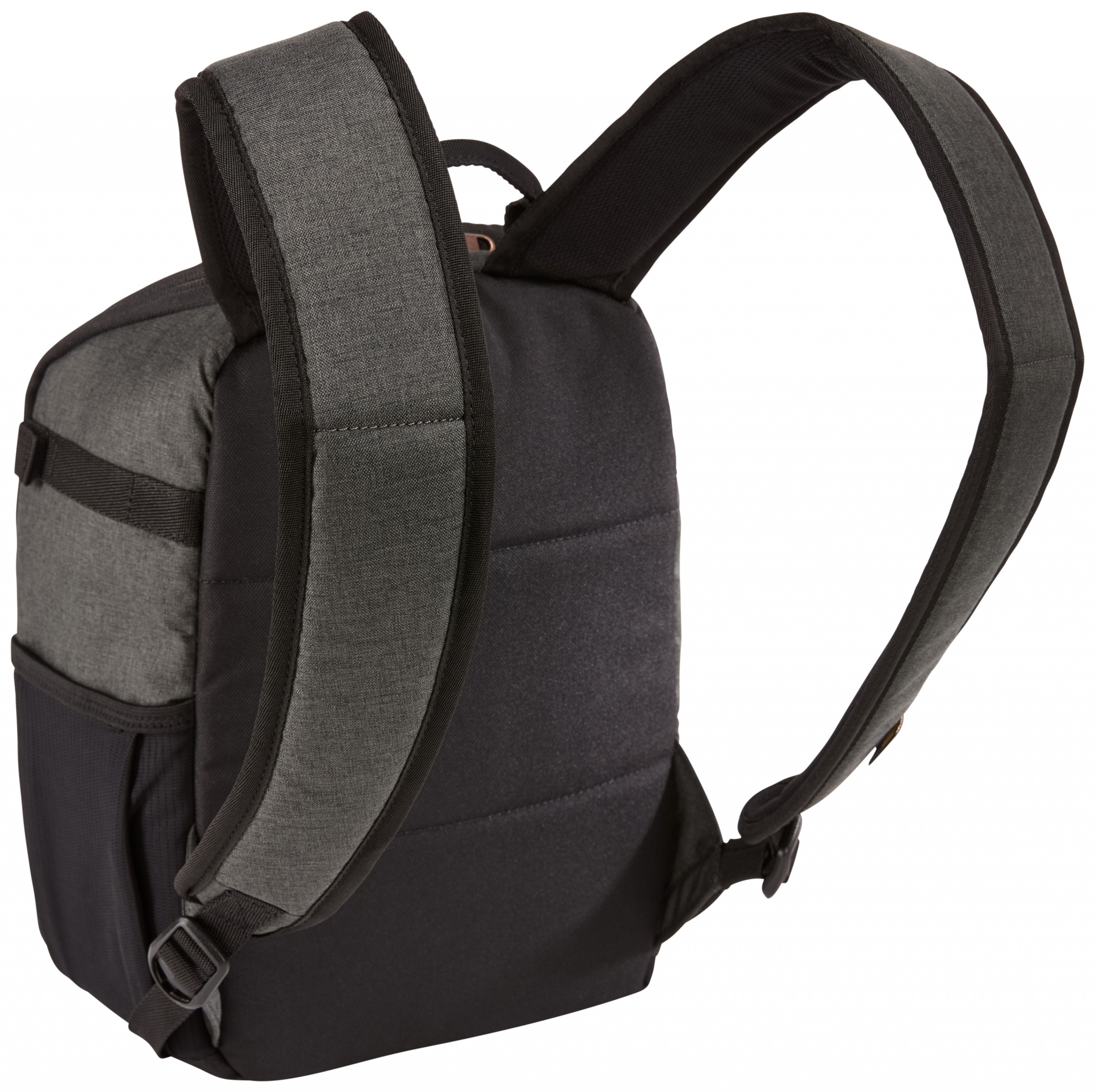 Schwarzer und grauer Rucksack auf weißem Hintergrund. Der Rucksack hat zwei Schultergurte.