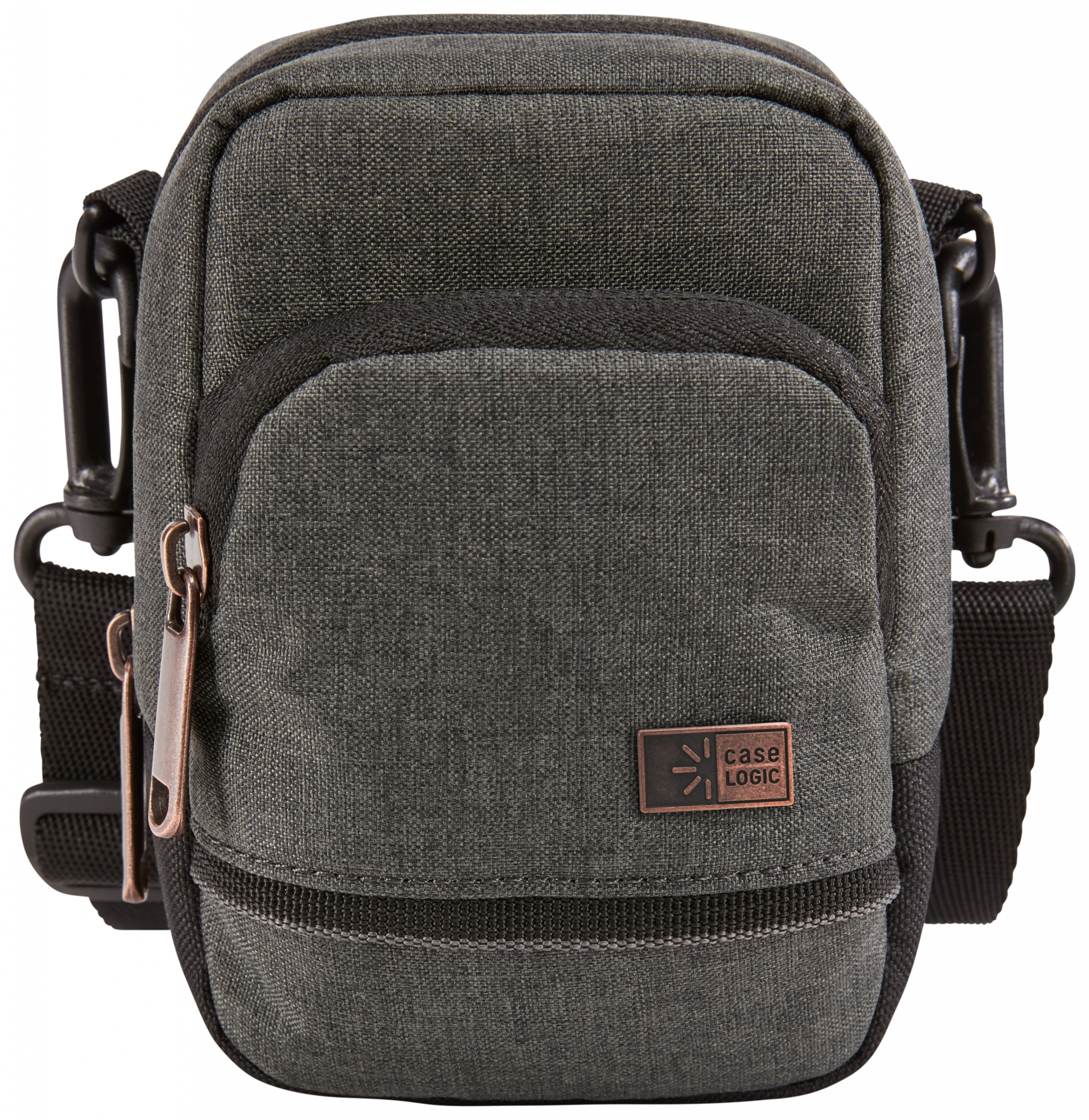Graue Case Logic Tasche mit Reißverschluss, Vordertasche und Riemen. Case Logic Logo ist sichtbar.