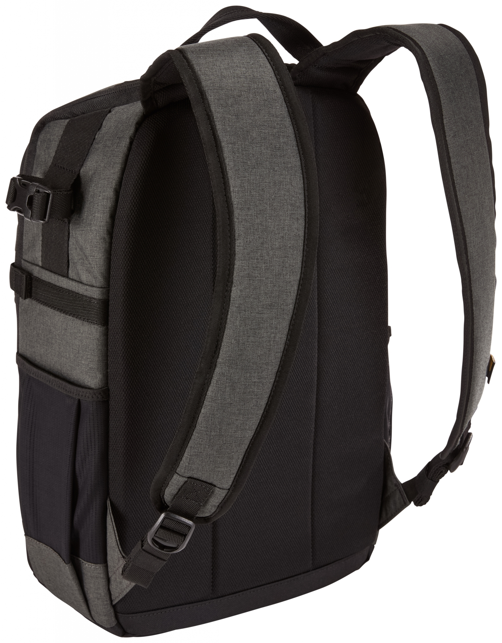 Rückansicht eines grauen Rucksacks mit schwarzen Trägern, Seitentasche und Schnalle.