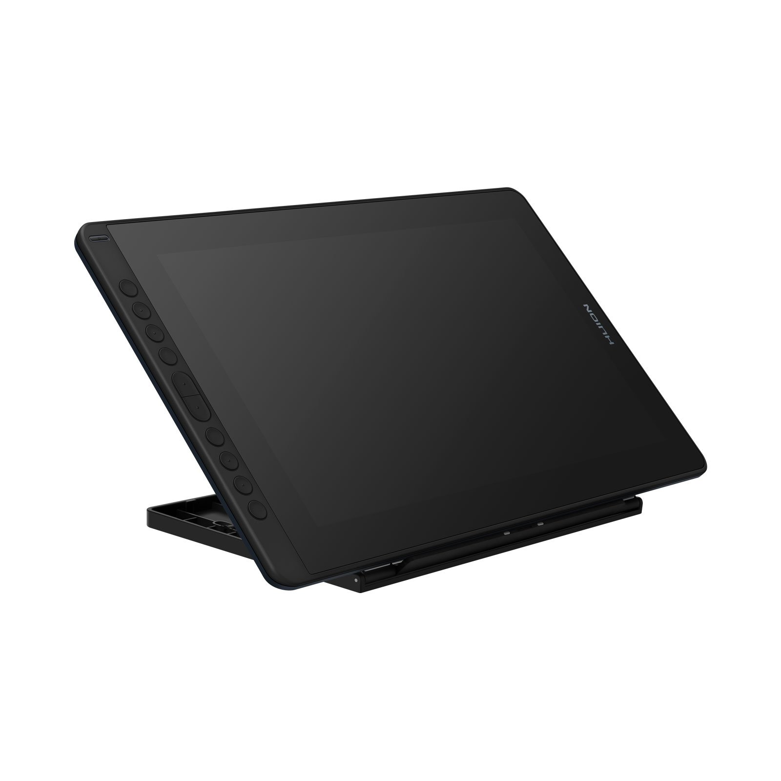 Schwarzes digitales Zeichentablett auf einem Ständer. Angesicht des Tablets.