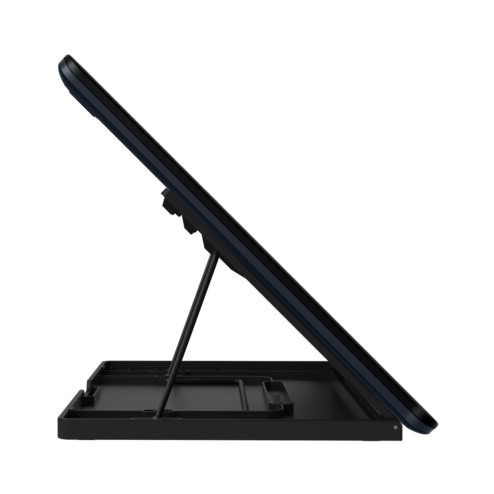 Tablet in einem Ständer, abgewinkelt zur Betrachtung, mit schwarzem Sockel und metallischer Halterung.
