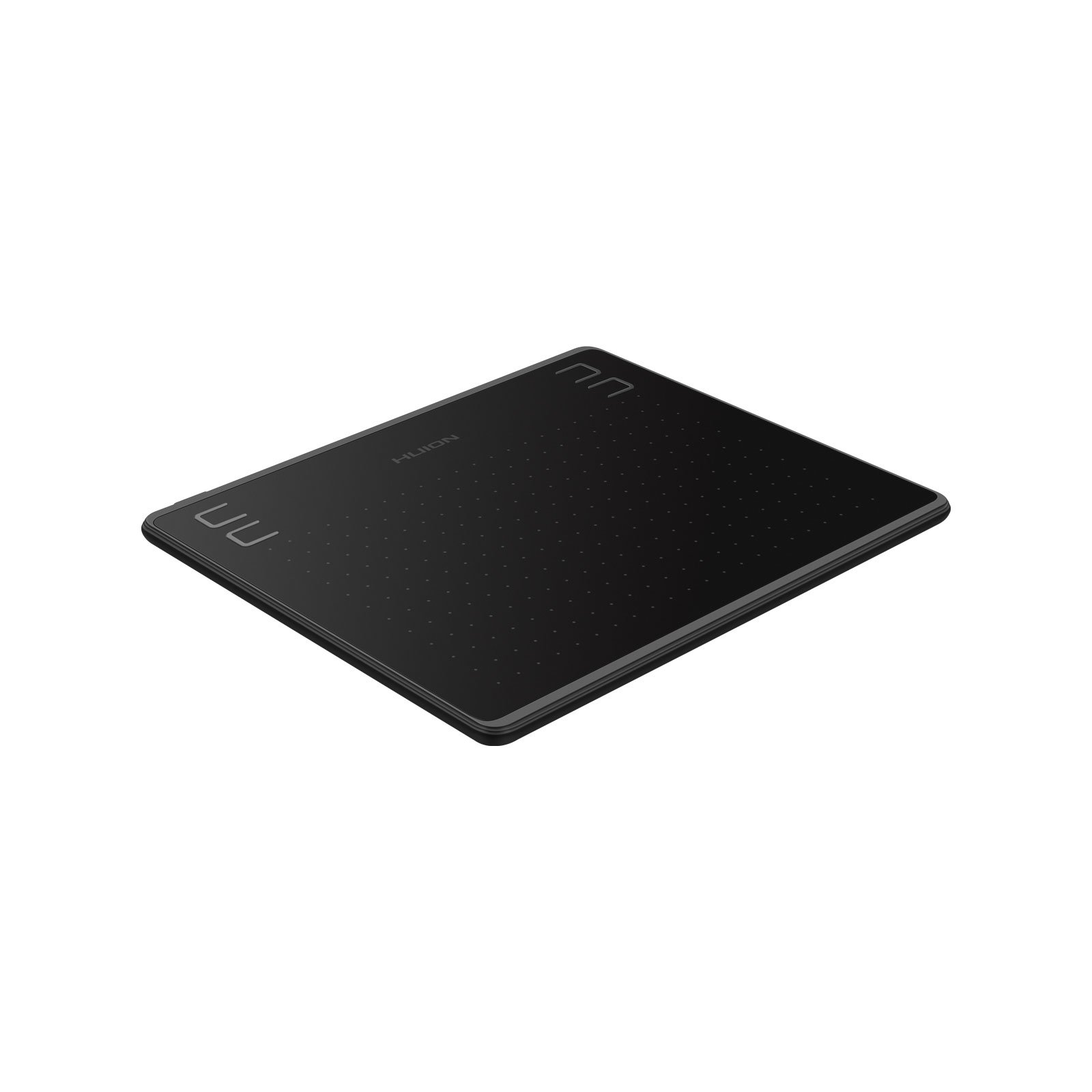 Czarny tablet graficzny Huion. Ma dwa przyciski po lewej stronie.