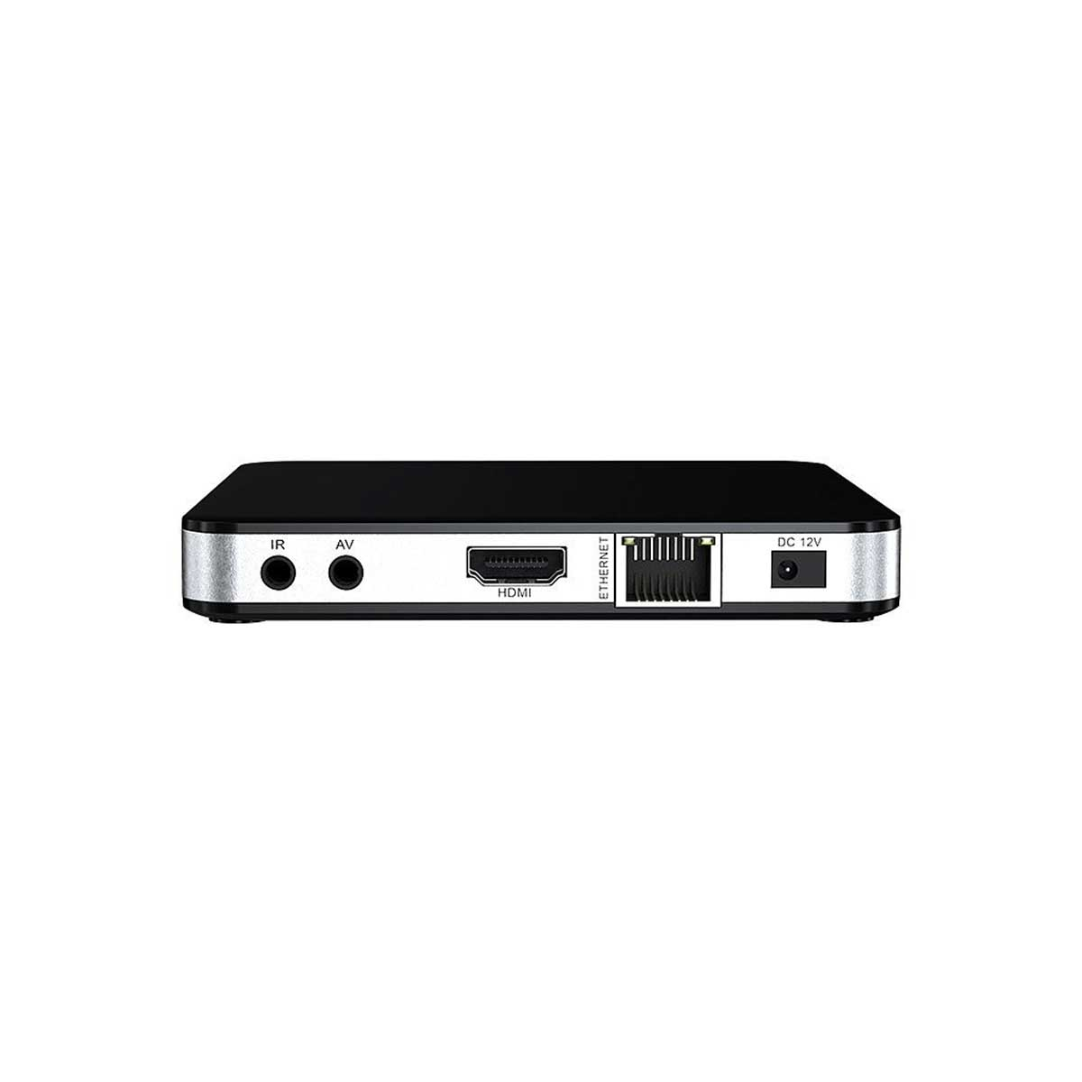 Die Rückseite eines schwarzen Media-Players mit verschiedenen Anschlüssen: IR, AV, HDMI, Ethernet und DC 12V.