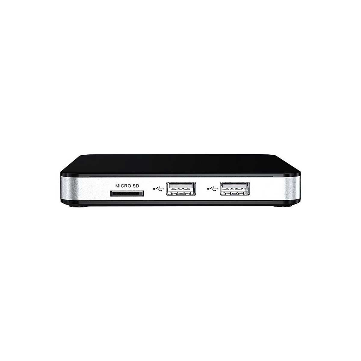 Ein schwarzer und silberner USB-Hub mit Micro-SD-Steckplatz und USB-Anschlüssen.