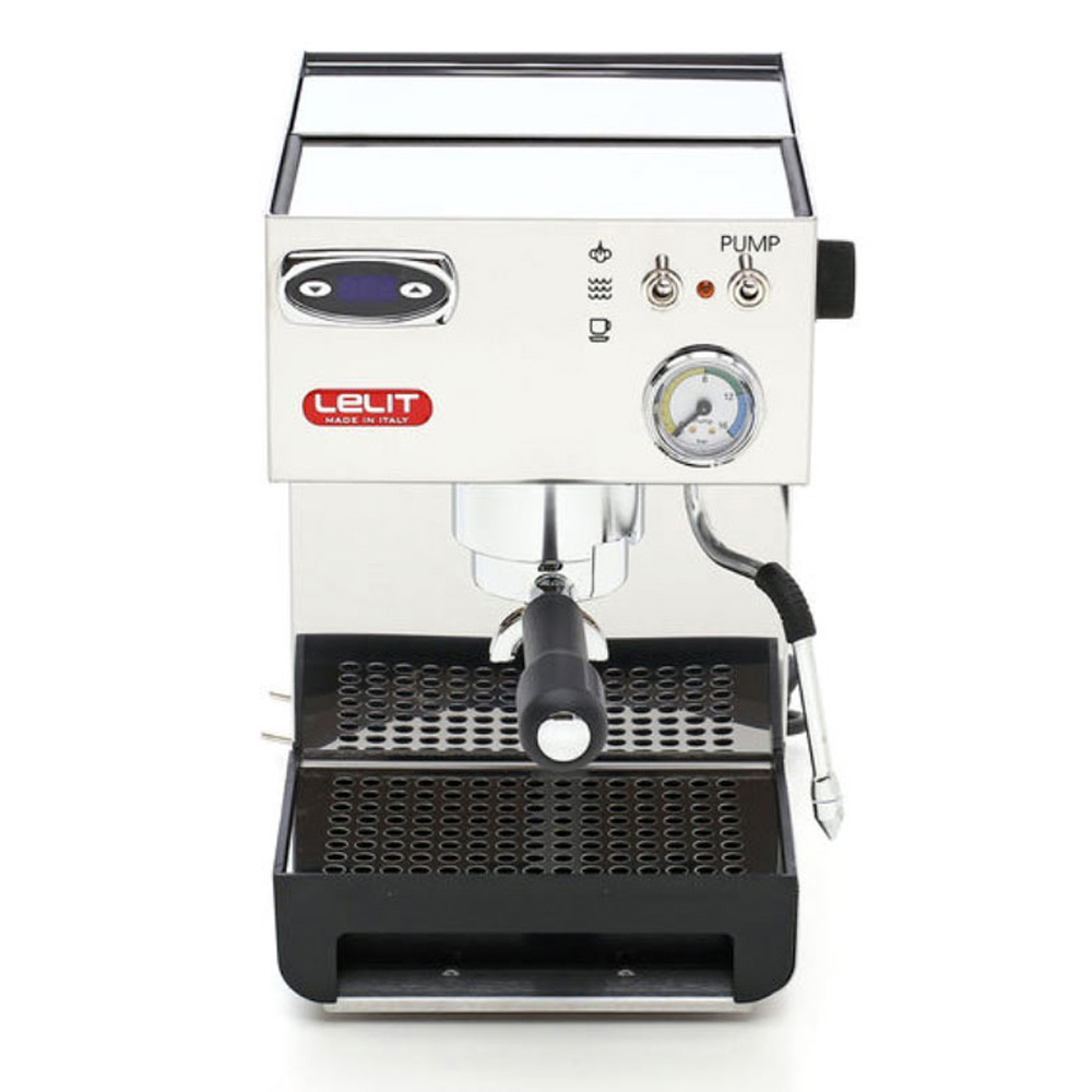 Ekspres do espresso ze stali nierdzewnej z czarnym uchwytem i wskaźnikami. Widoczna nazwa marki.