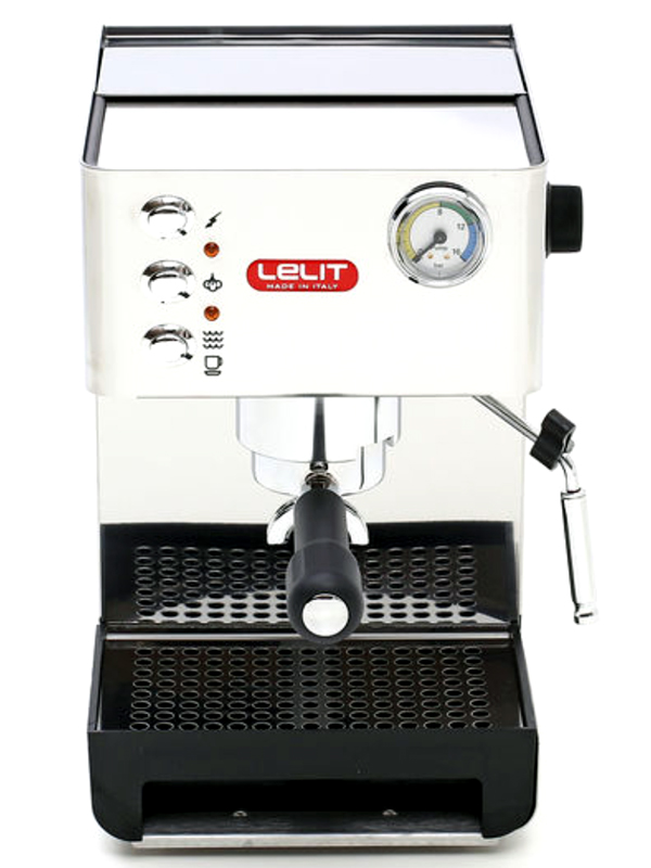 Eine silberne und schwarze Espressomaschine mit Messgeräten und Zifferblättern sowie einem roten Lelit-Logo.
