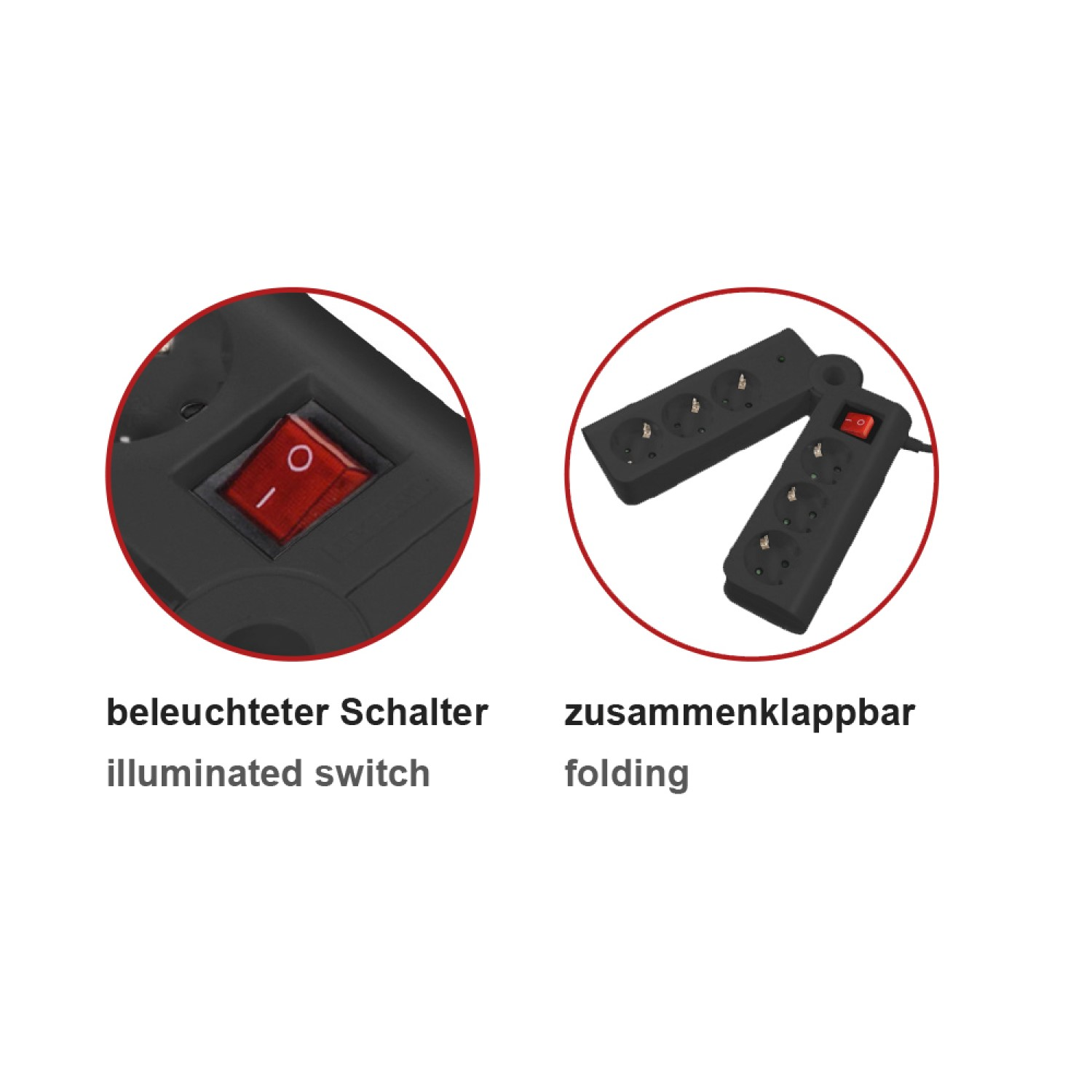 Zwei Nahaufnahmen eines schwarzen Stromverteilers mit rotem beleuchtetem Schalter, beschriftet mit 'klappbar'.
