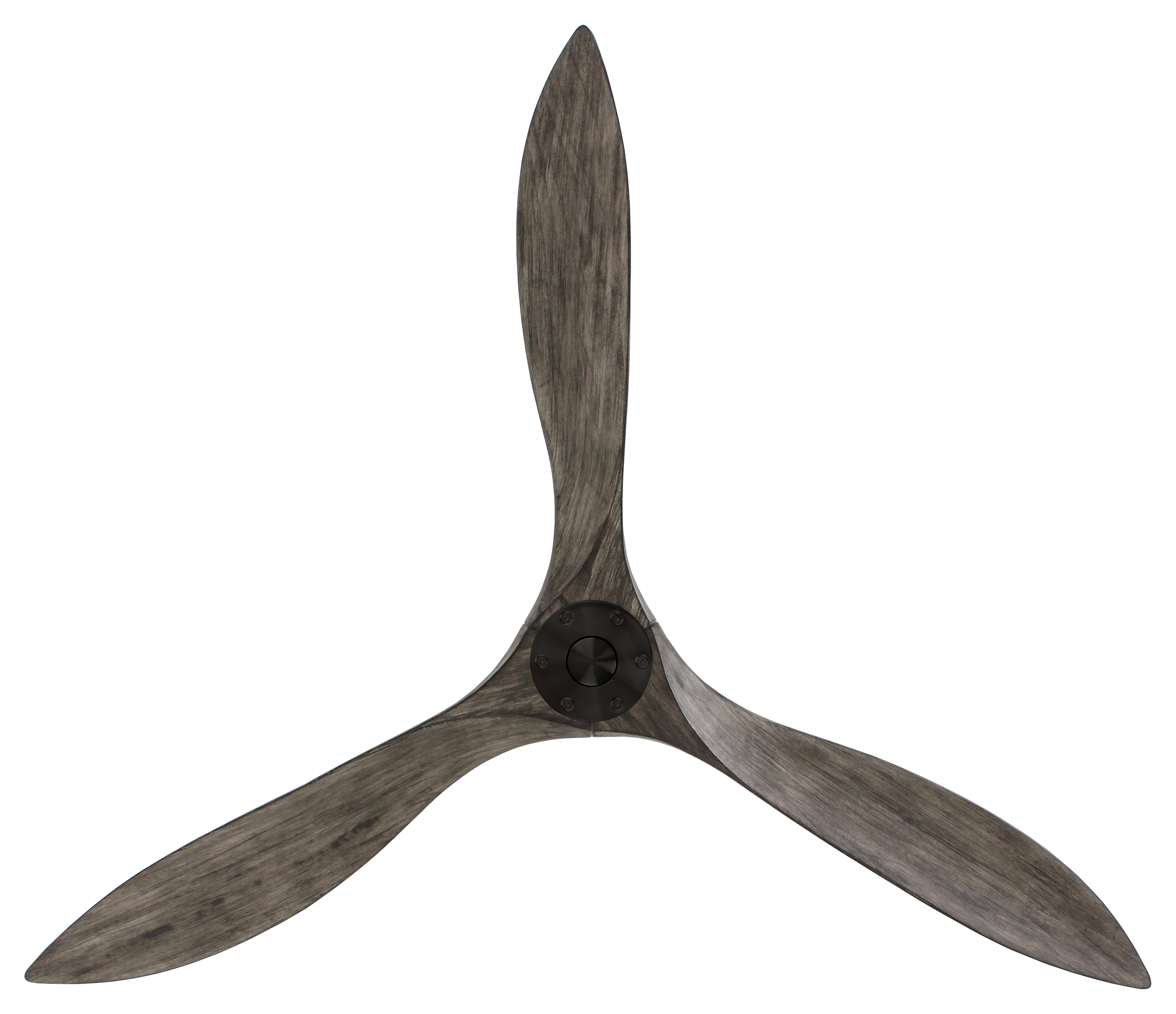 Ventilatore da soffitto a tre pale, venatura grigia, sfondo bianco.