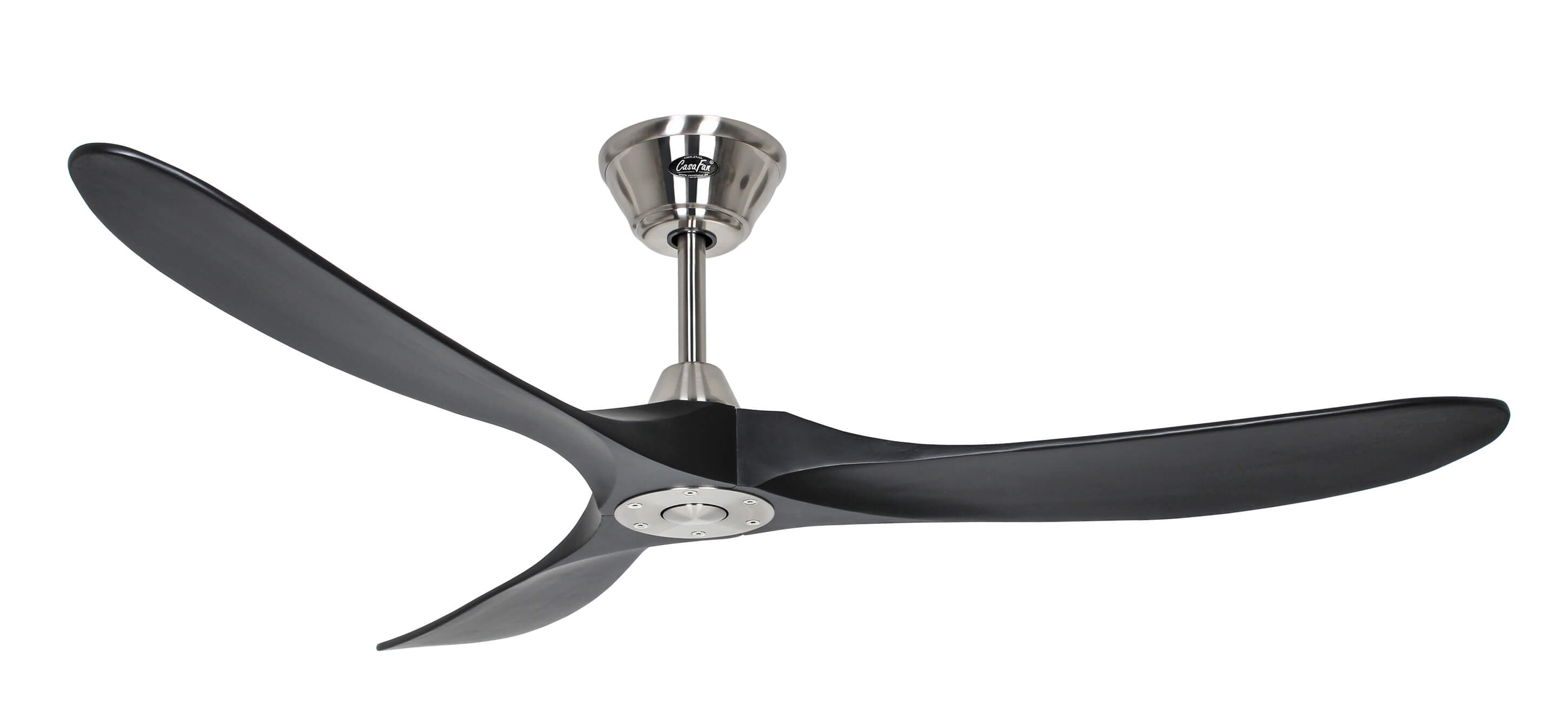 Ventilatore da soffitto nero con tre pale curve, sfondo bianco.