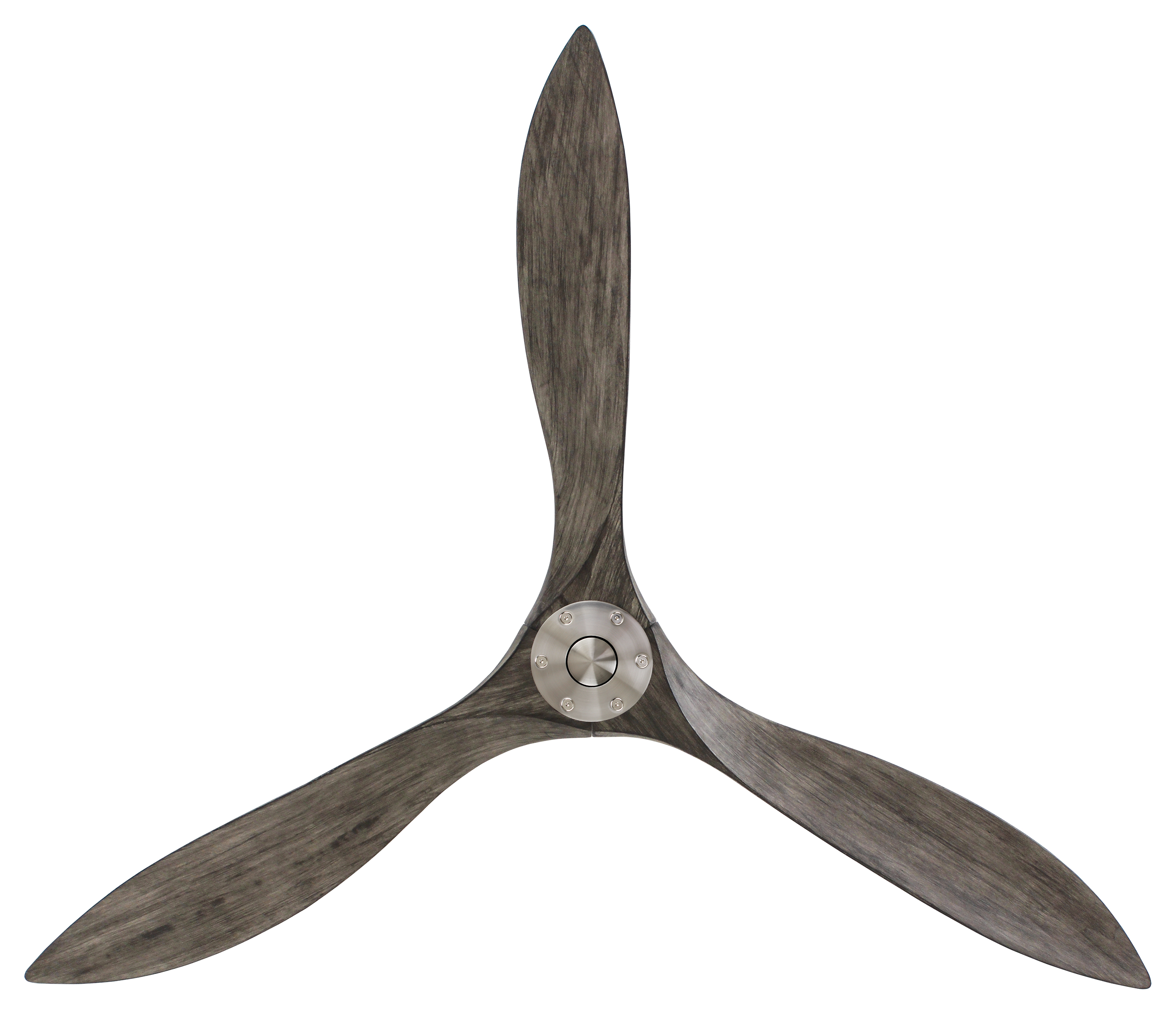 Un ventilatore da soffitto grigio e in stile legno con tre pale.