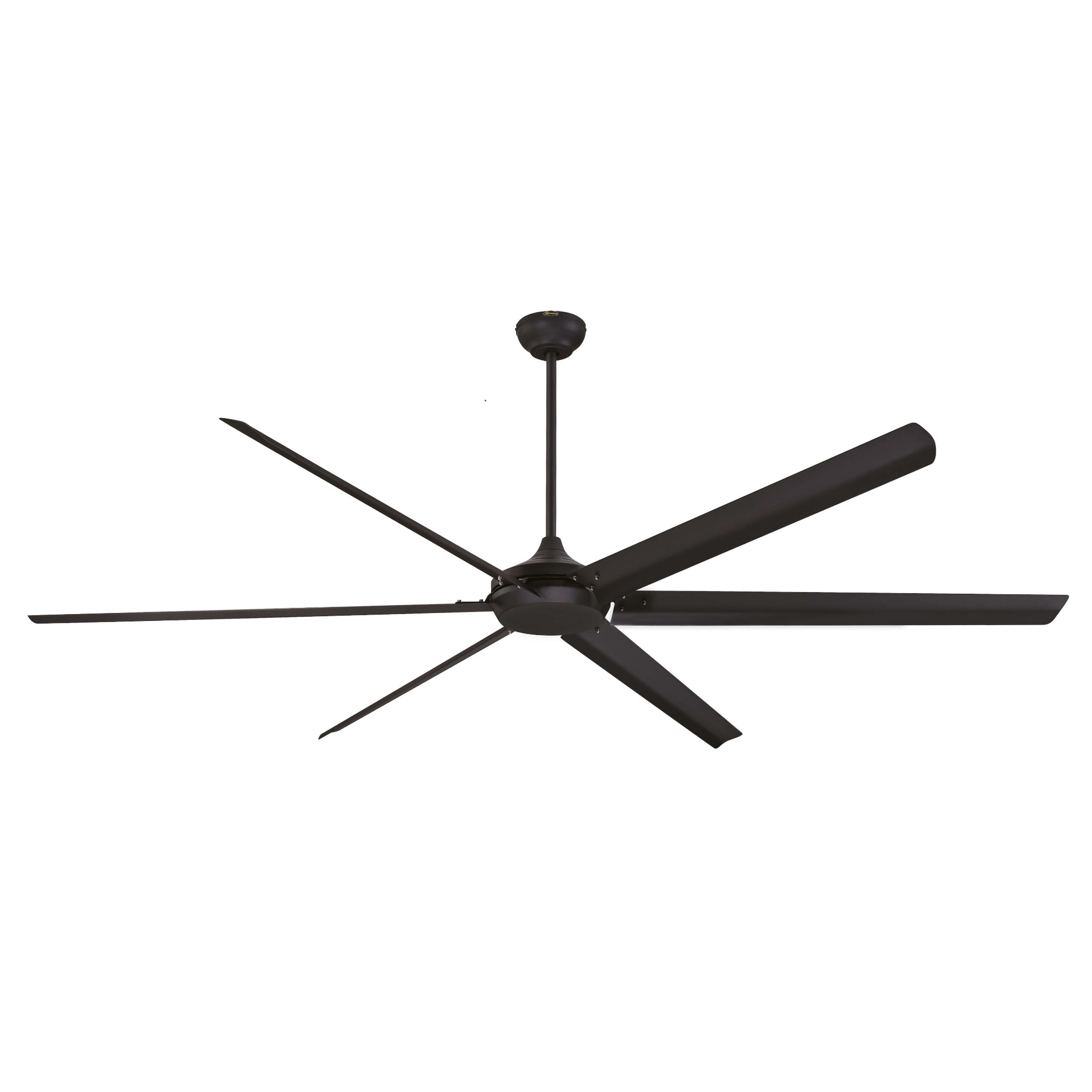 Ein dunkelbrauner Deckenventilator mit sechs Flügeln, der von einer weißen Decke hängt.