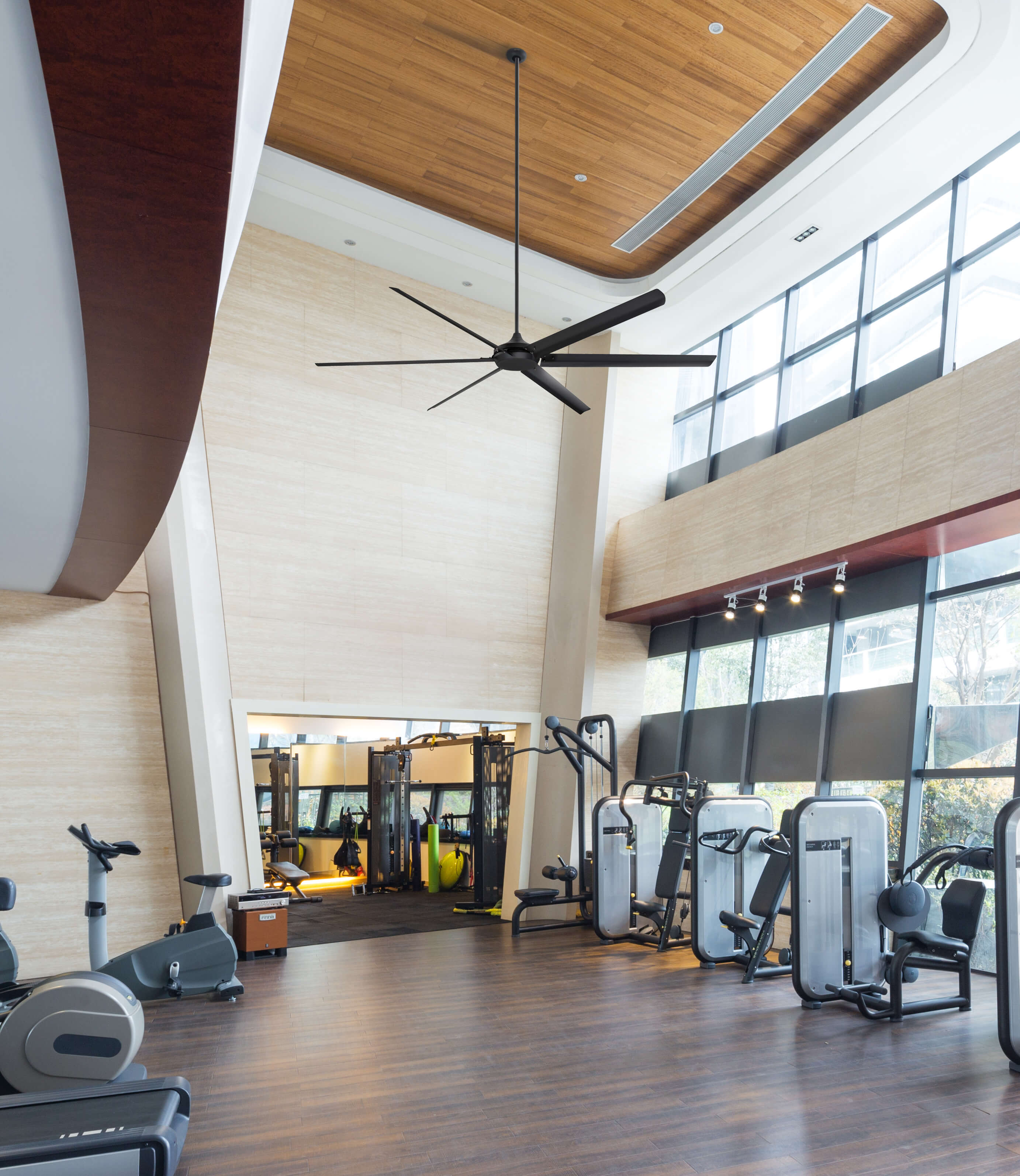 Großes Fitnessstudio mit hohen Decken. Ein großer, schwarzer Deckenventilator ist zentriert. Trainingsgeräte säumen den Raum.