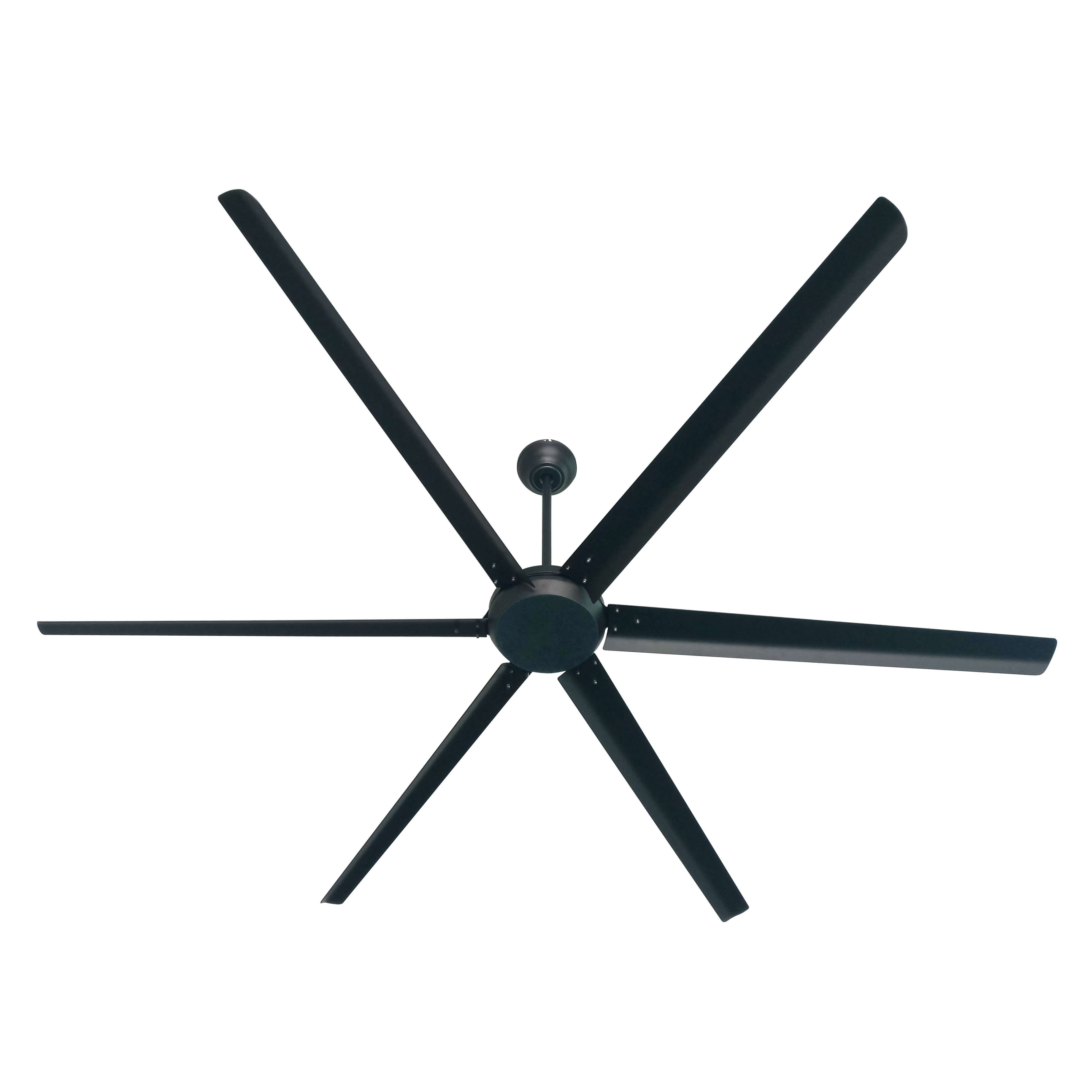 Schwarzer Deckenventilator mit sechs Flügeln.
