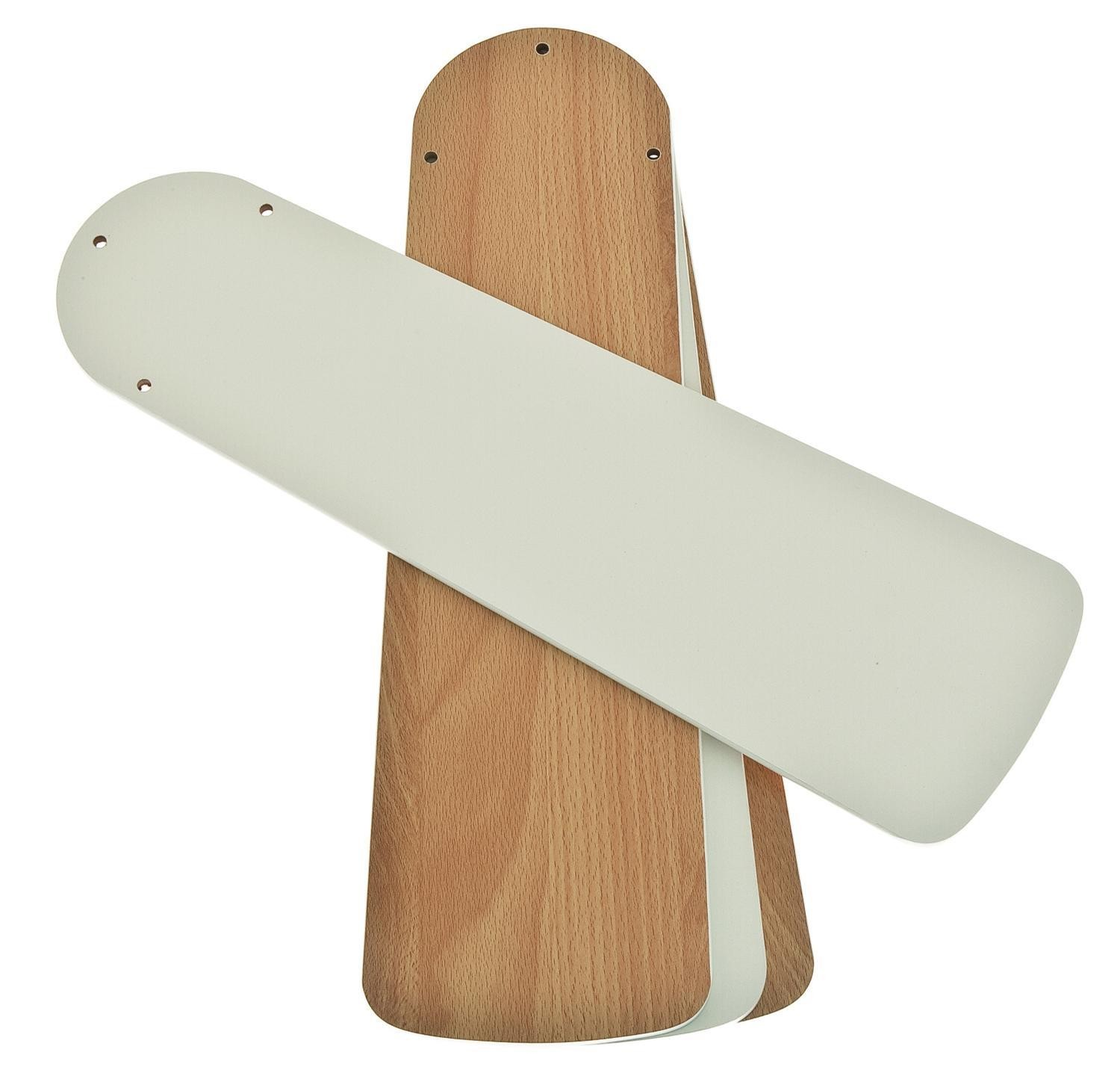 Due pale del ventilatore, una bianca, una in legno. Si sovrappongono ad angolo.
