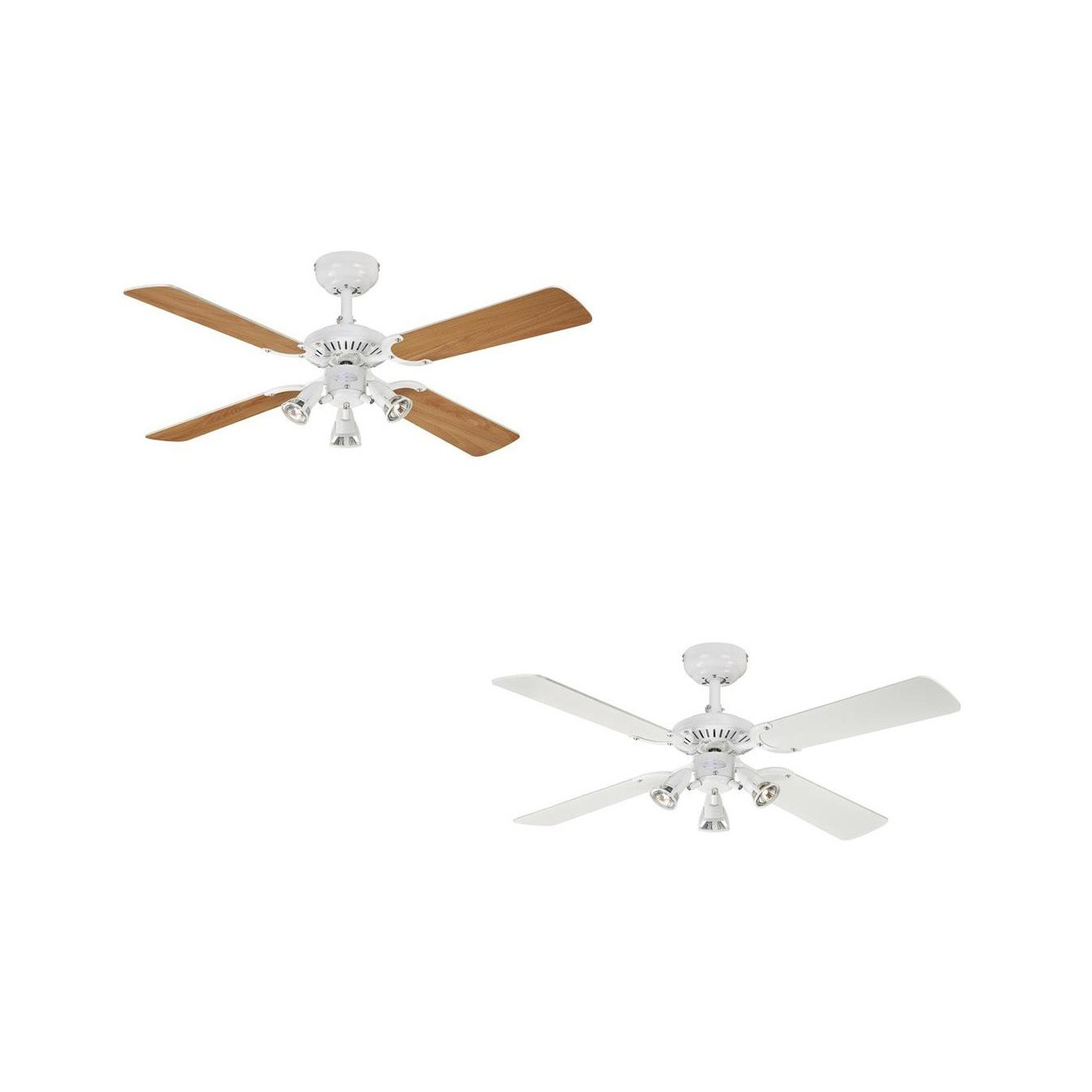 Due ventilatori da soffitto bianchi. Ognuno ha quattro pale in legno o bianche. Sfondo bianco.