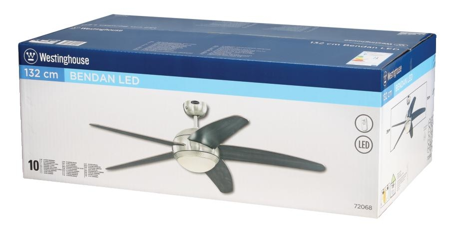 Karton für einen Westinghouse Deckenventilator mit einem Bild des Ventilators. Die Box ist blau und weiß.