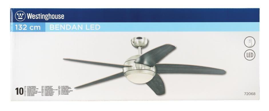 Eine weiße Box mit einem Deckenventilator darauf, mit dem Markennamen Westinghouse und dem Text BENDAN LED.