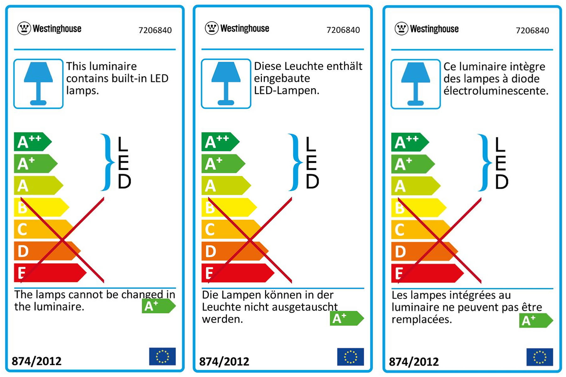 Energieeffizienz-Labels für eine Leuchte. Text auf Deutsch, Französisch und Englisch.