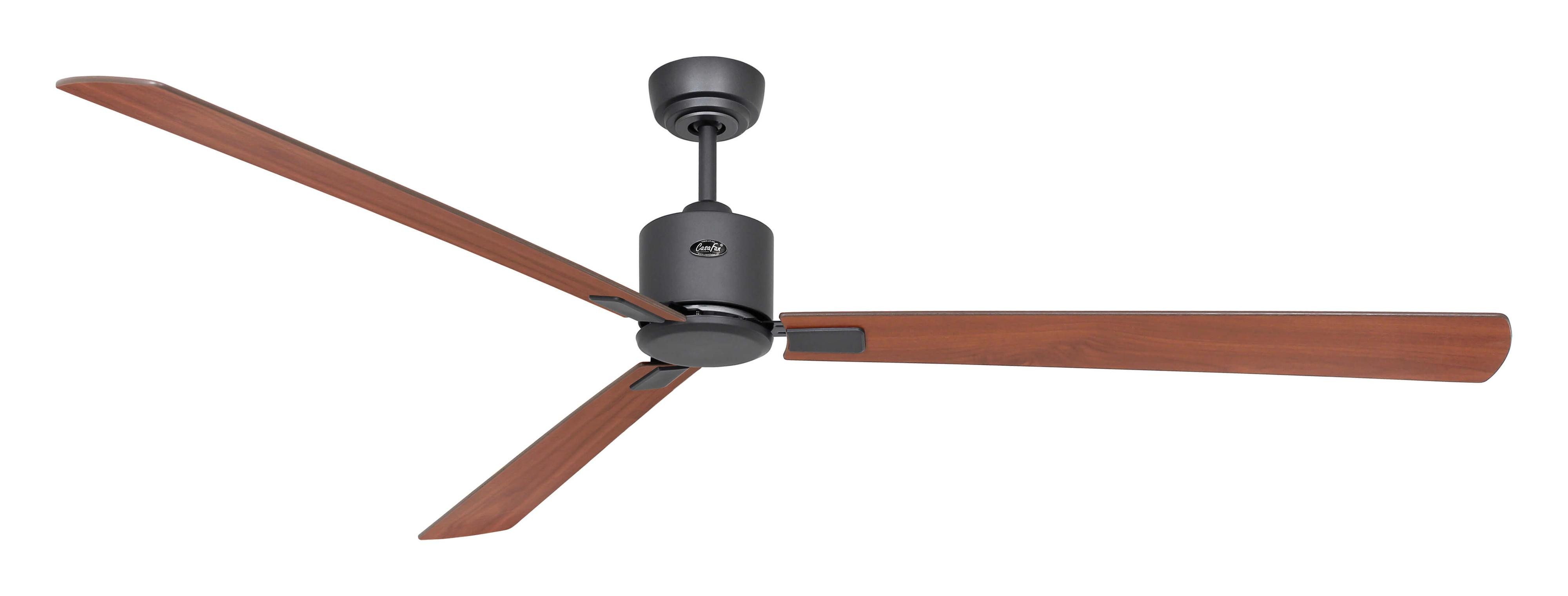 Deckenventilator mit drei braunen Holzblättern und schwarzem Motorgehäuse.
