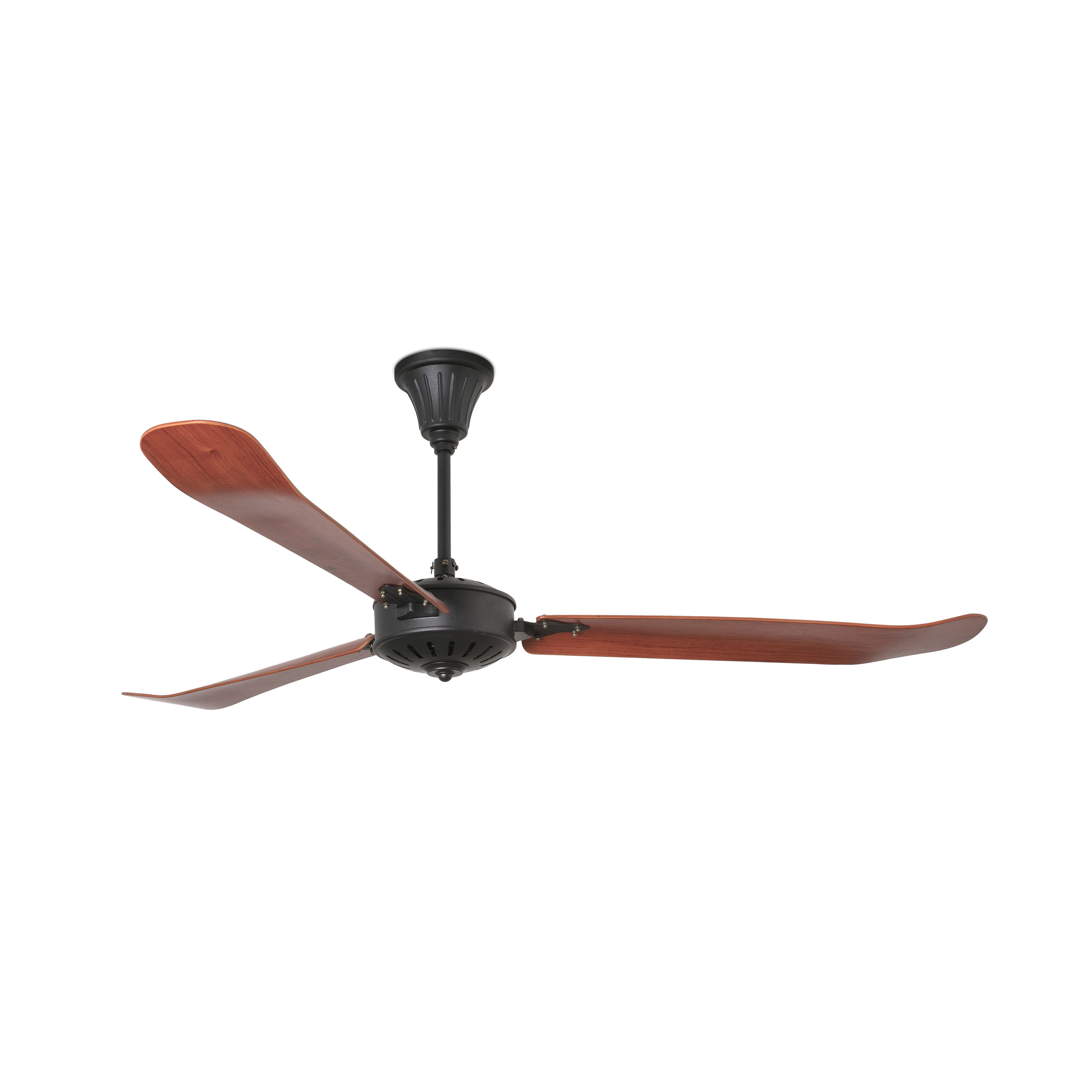 Deckenventilator mit drei Holzblättern. Der Motor ist schwarz, die Blätter sind braun und glänzend.