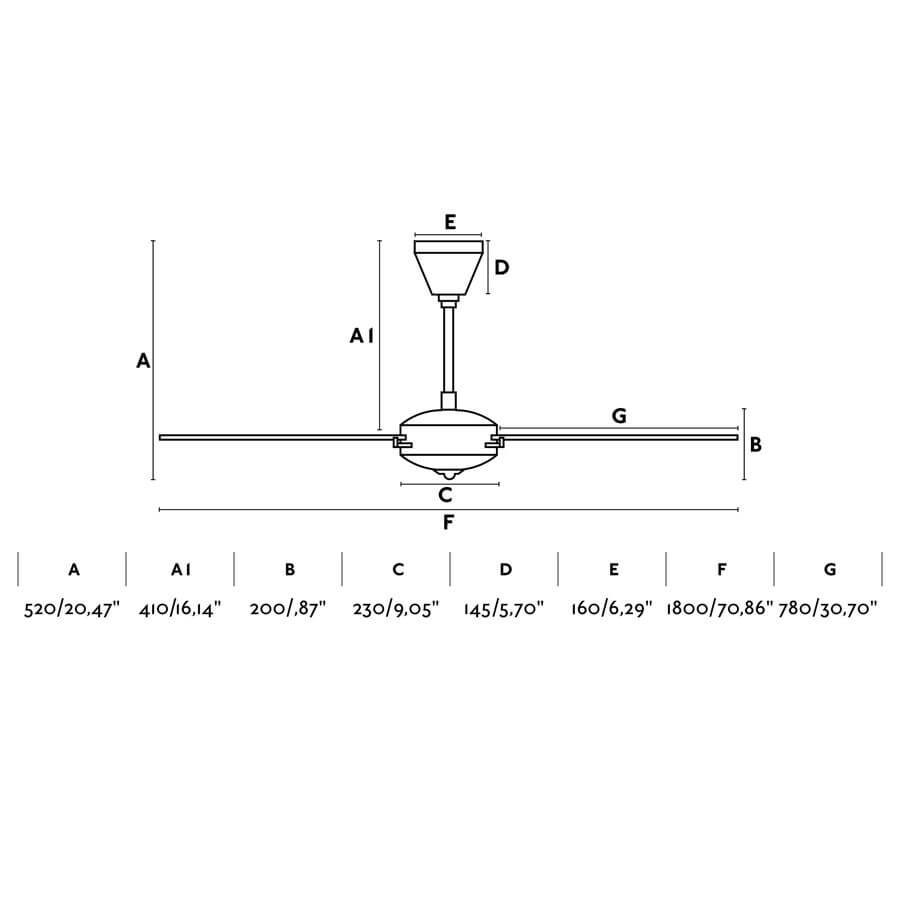 Diagramm eines Deckenventilators mit Maßen. Der Lüfter ist schwarz und weiß, mit den Maßen in Zoll beschriftet.