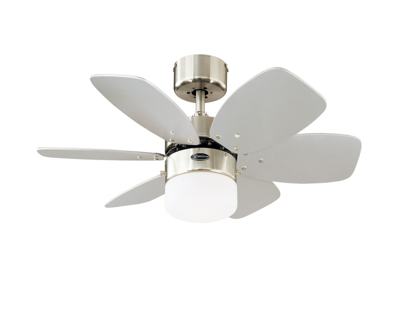 Kleiner Deckenventilator mit 5 weißen Blättern, silbernem Motorgehäuse und weißem Licht.