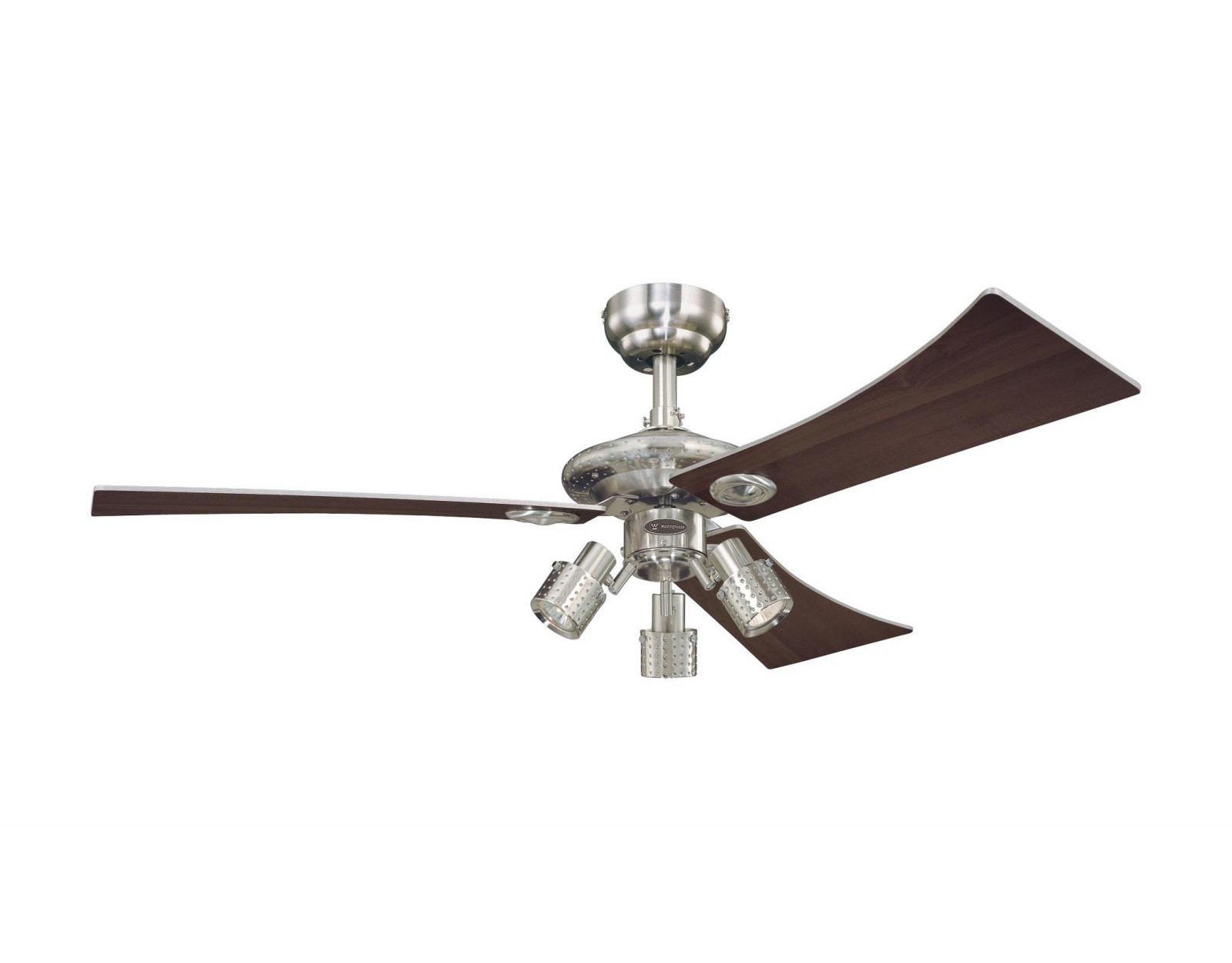 Deckenventilator mit vier braunen Flügeln und drei Lichtern, silbernes Finish, auf weißem Hintergrund.