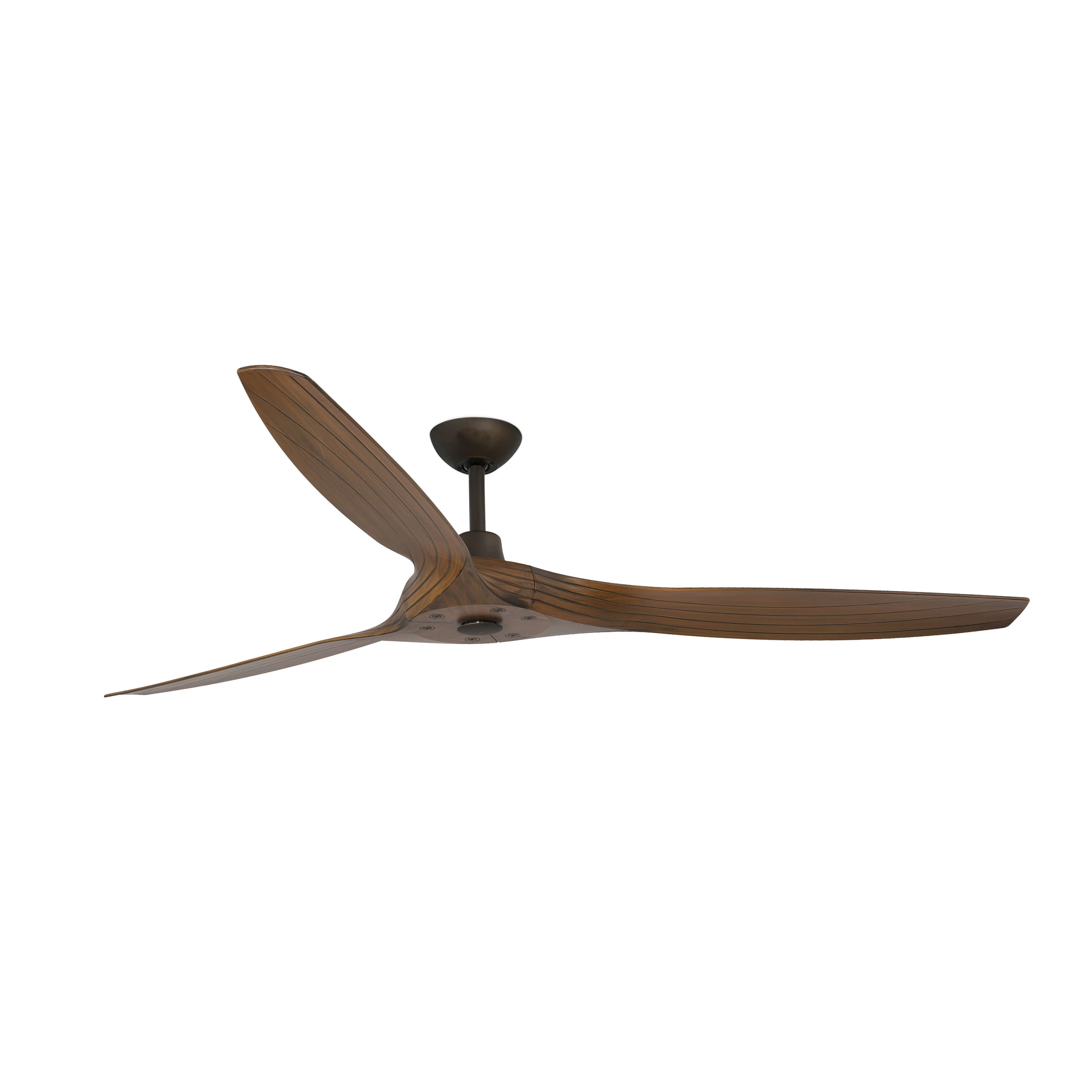 Ventilatore da soffitto in legno marrone con tre pale, montato su bianco.