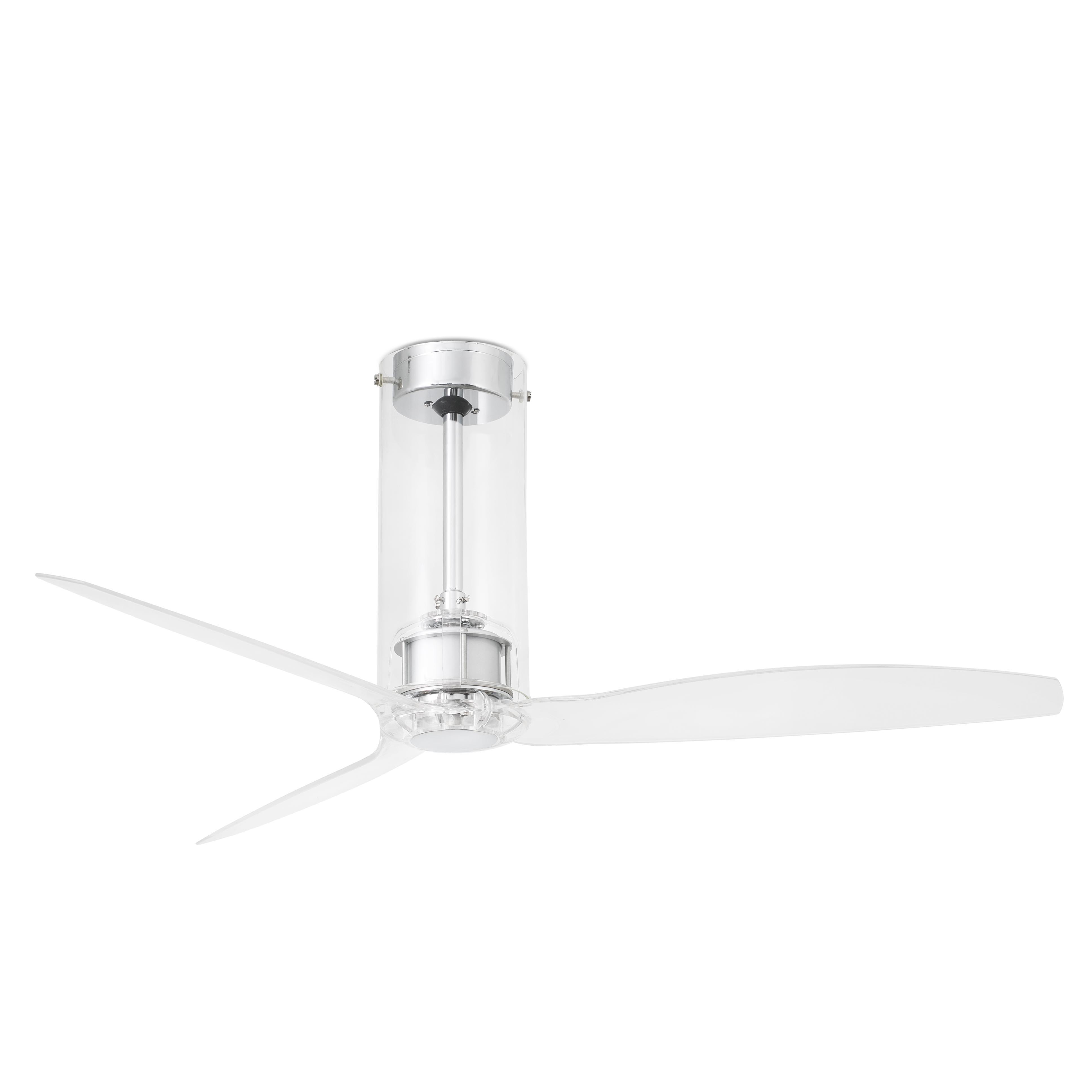 Ein transparenter Deckenventilator mit drei transparenten Flügeln und einem zylindrischen Mittelteil.