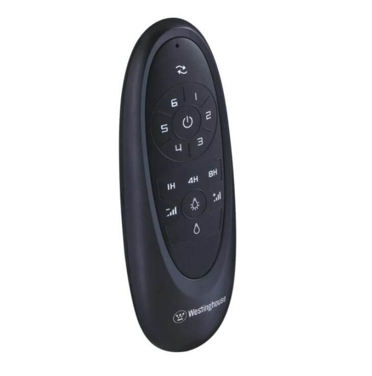 Telecomando Westinghouse nero. I pulsanti includono accensione, velocità ventola e timer.