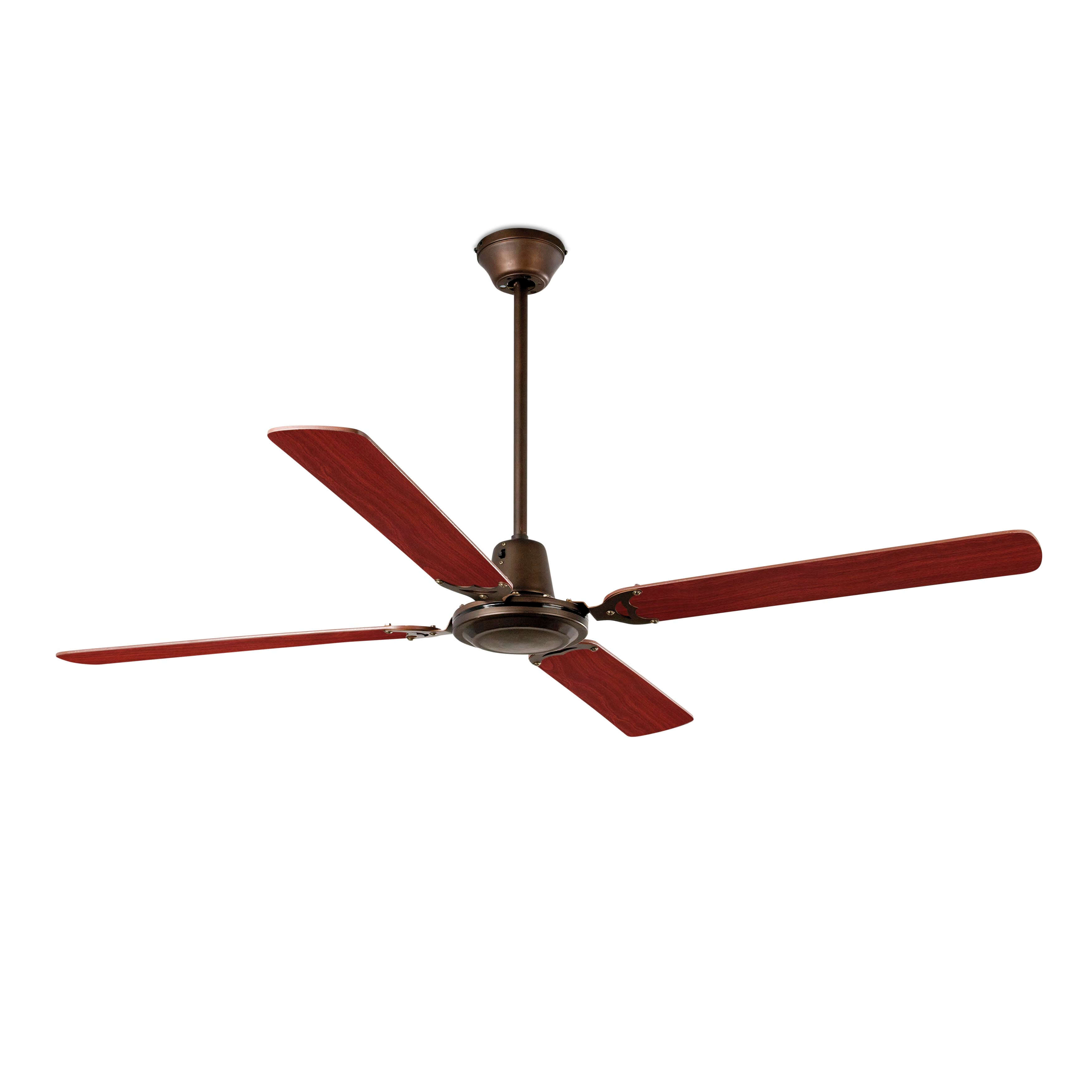 Ventilatore a soffitto con pale in legno rosse e finitura bronzo.