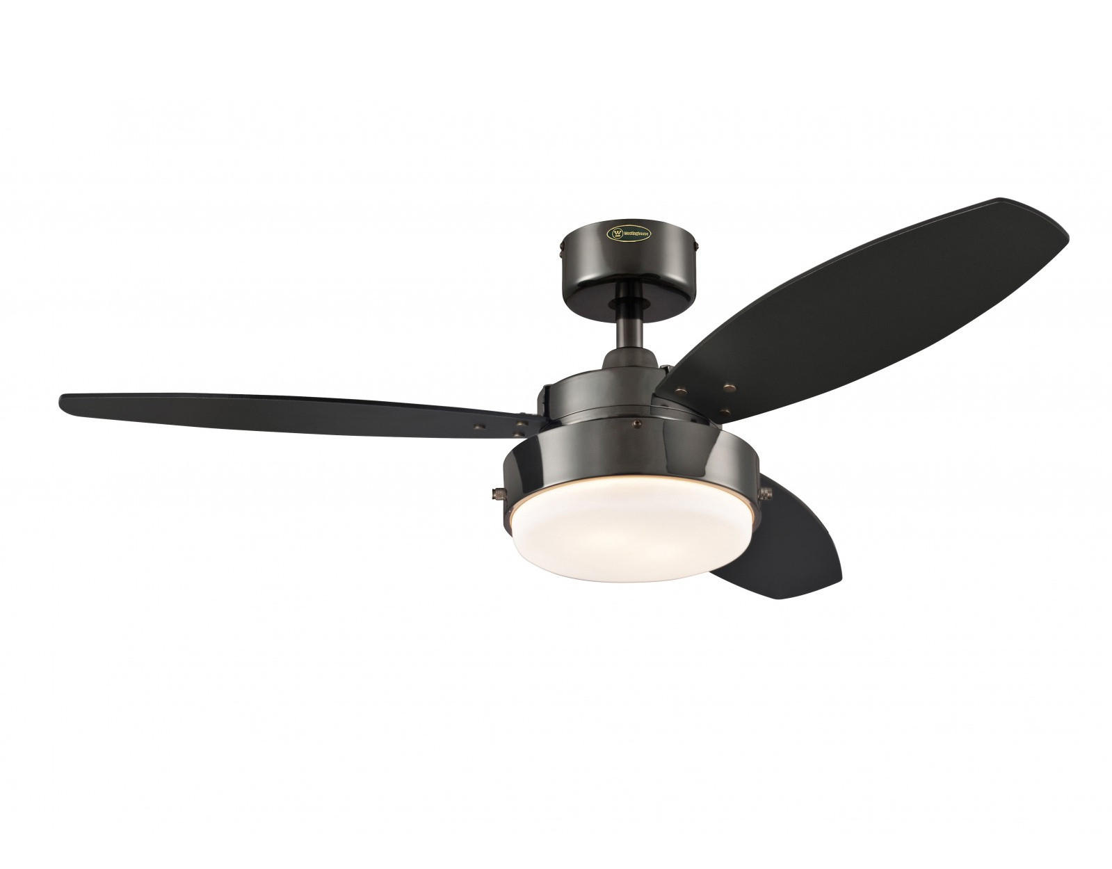 Ventilatore da soffitto, pale scure, motore argentato, lampada bianca.
