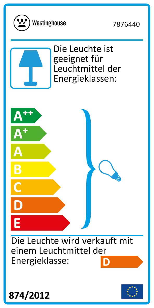 Etichetta energetica per una lampada. Testo: Die Leuchte ist geeignet für Leuchtmittel der Energieklassen: D.
