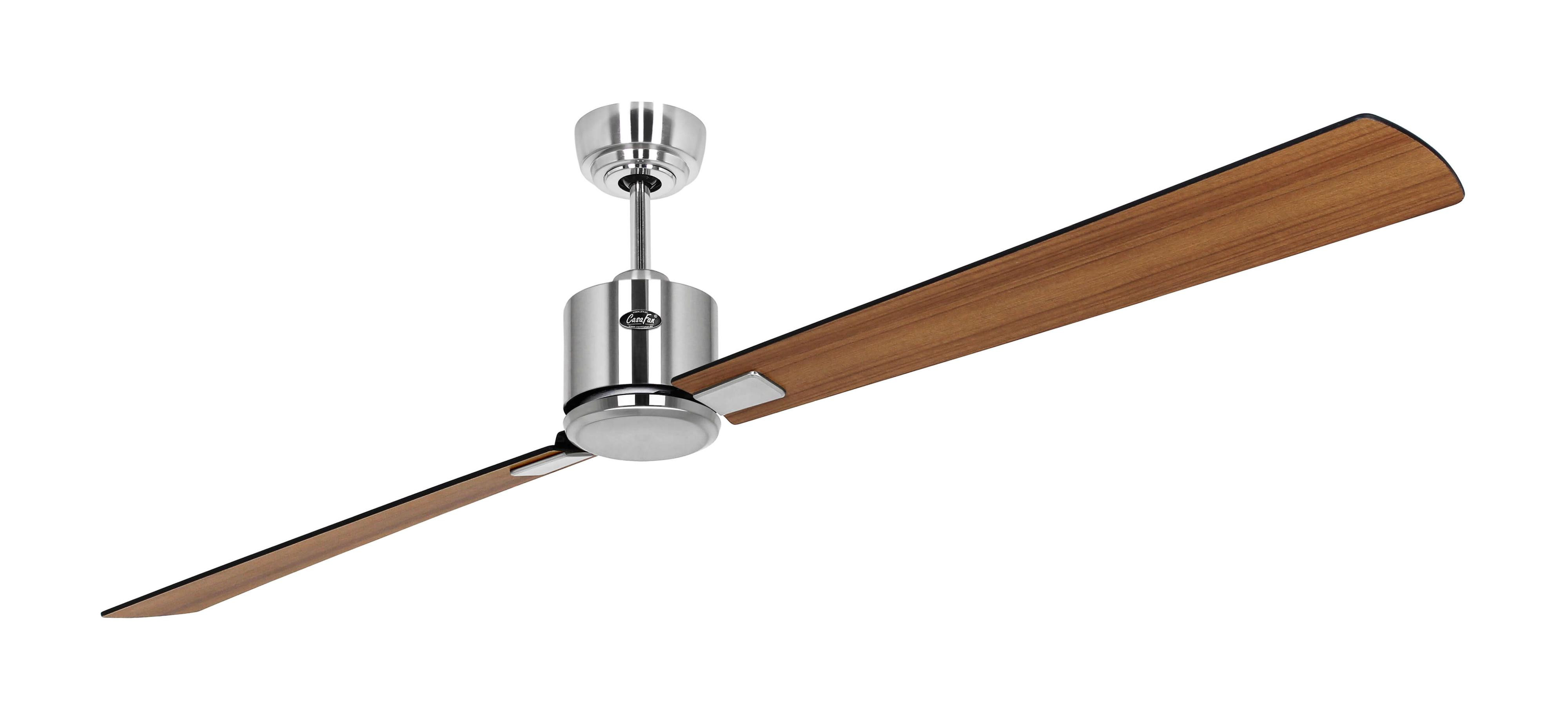 Silber- und Holzdeckenventilator mit zwei Flügeln.