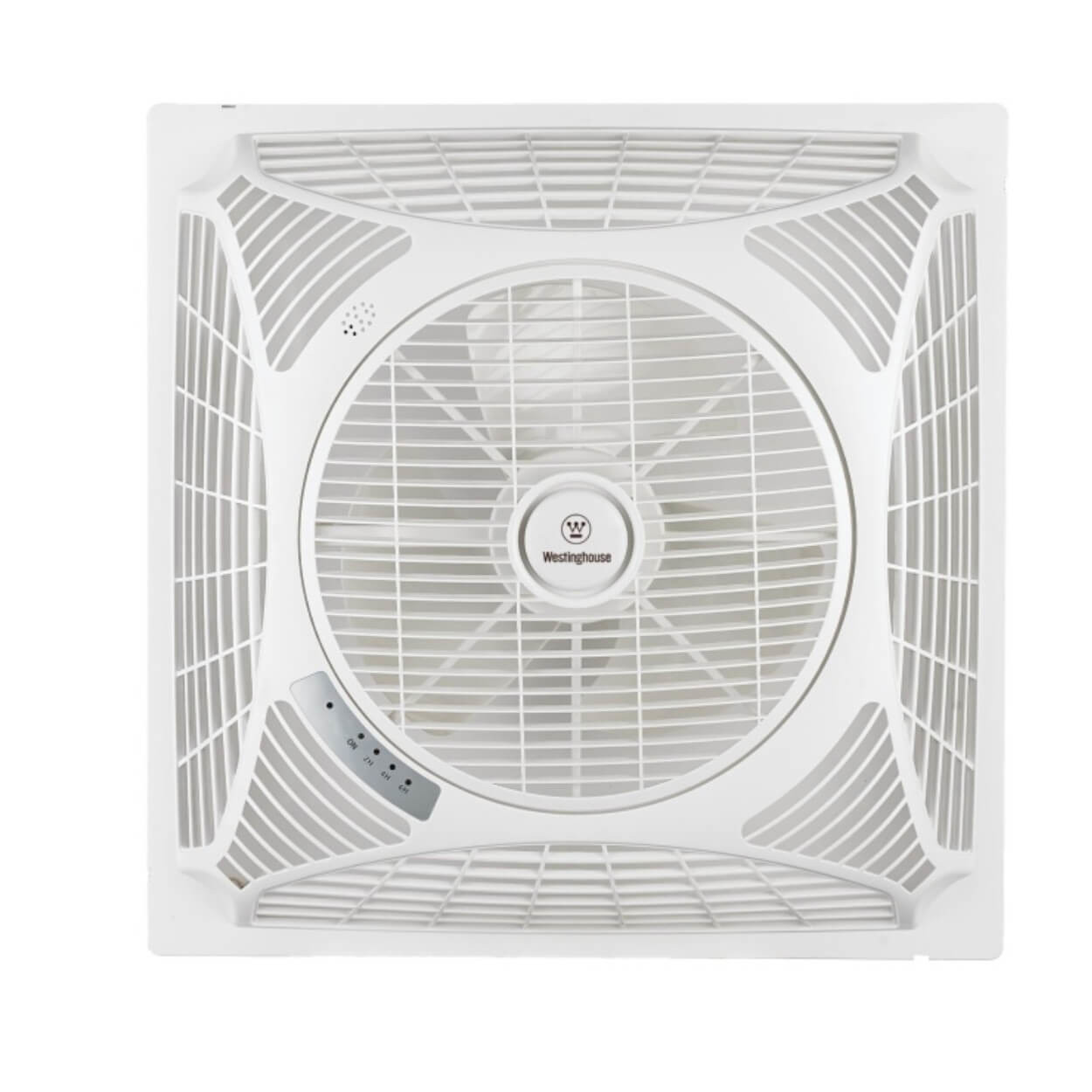 Ventilatore da soffitto bianco con luce centrale e quattro pale, visto dal basso.