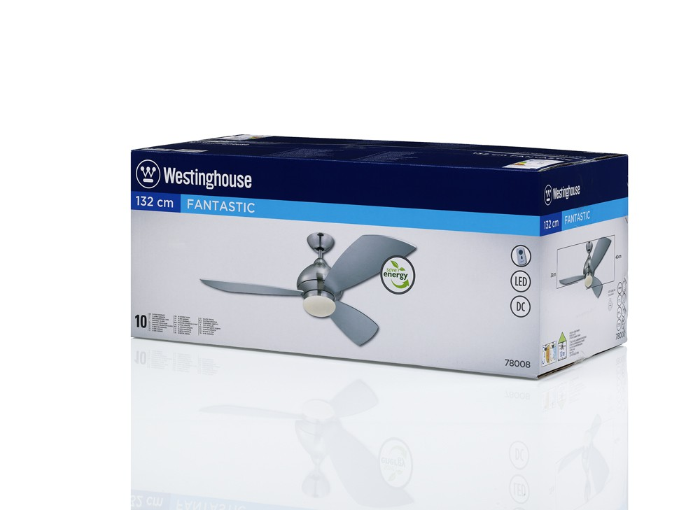 Weiße Box mit Deckenventilator, der Marke Westinghouse und dem Text FANTASTIC und Energiesparlabel.